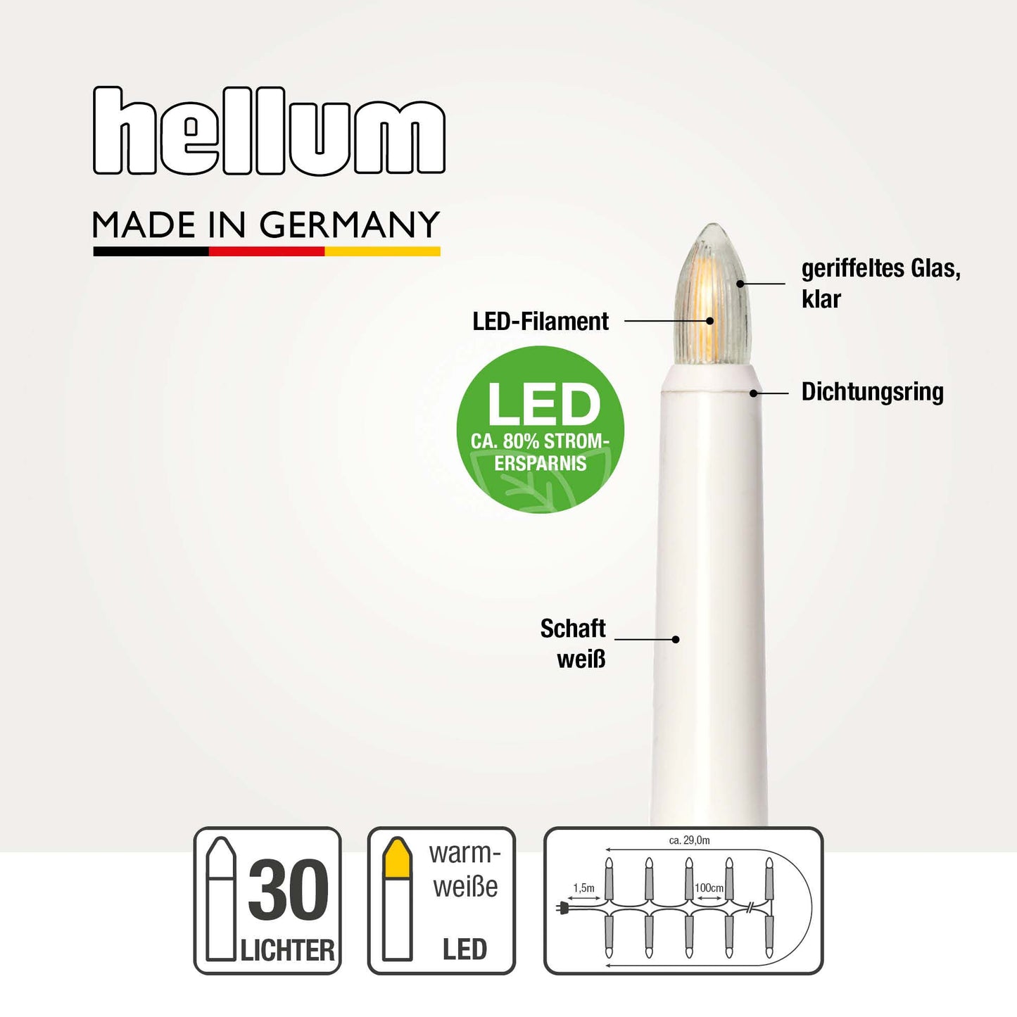 30-tlg. LED-Filament-Riffelkerzenkette für außen