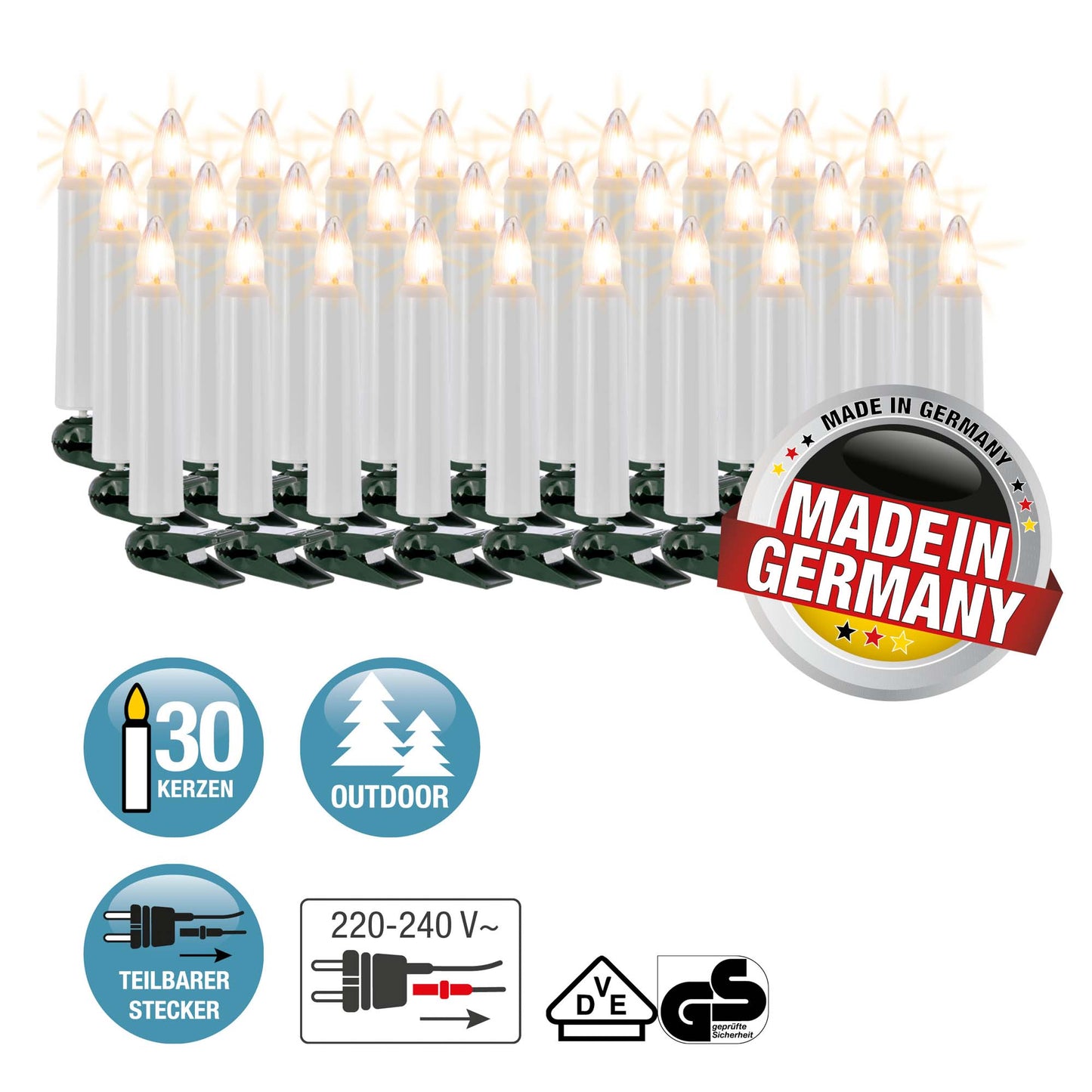 30-tlg. Riffelkerzenkette, klare Lampen, für außen, teilb. Stecker