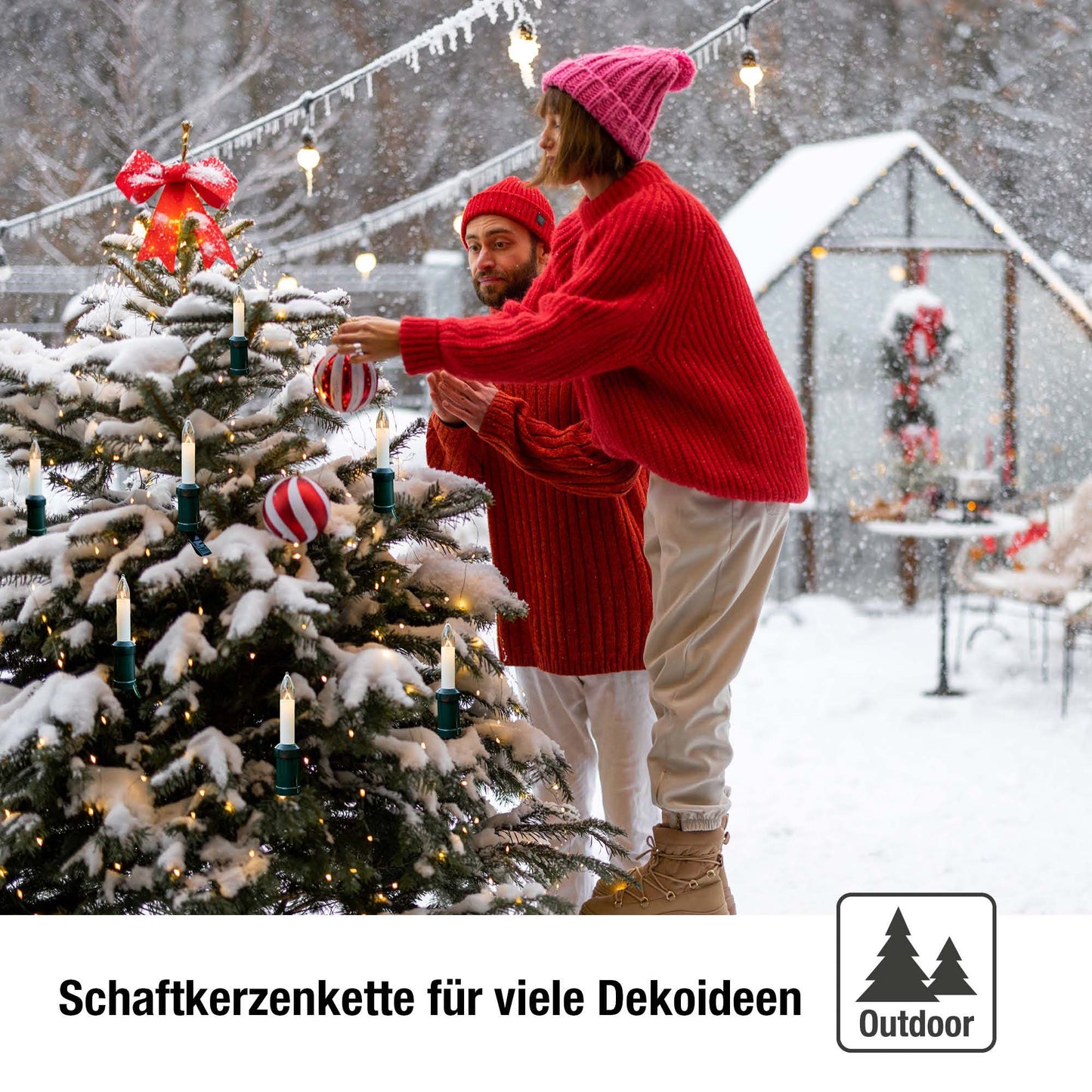 Lichterkette Weihnachtsbaum außen 15 teilig, Made in Germany, Schaftkerzen, inkl. 3 Ersatzkerzen, Glühfaden