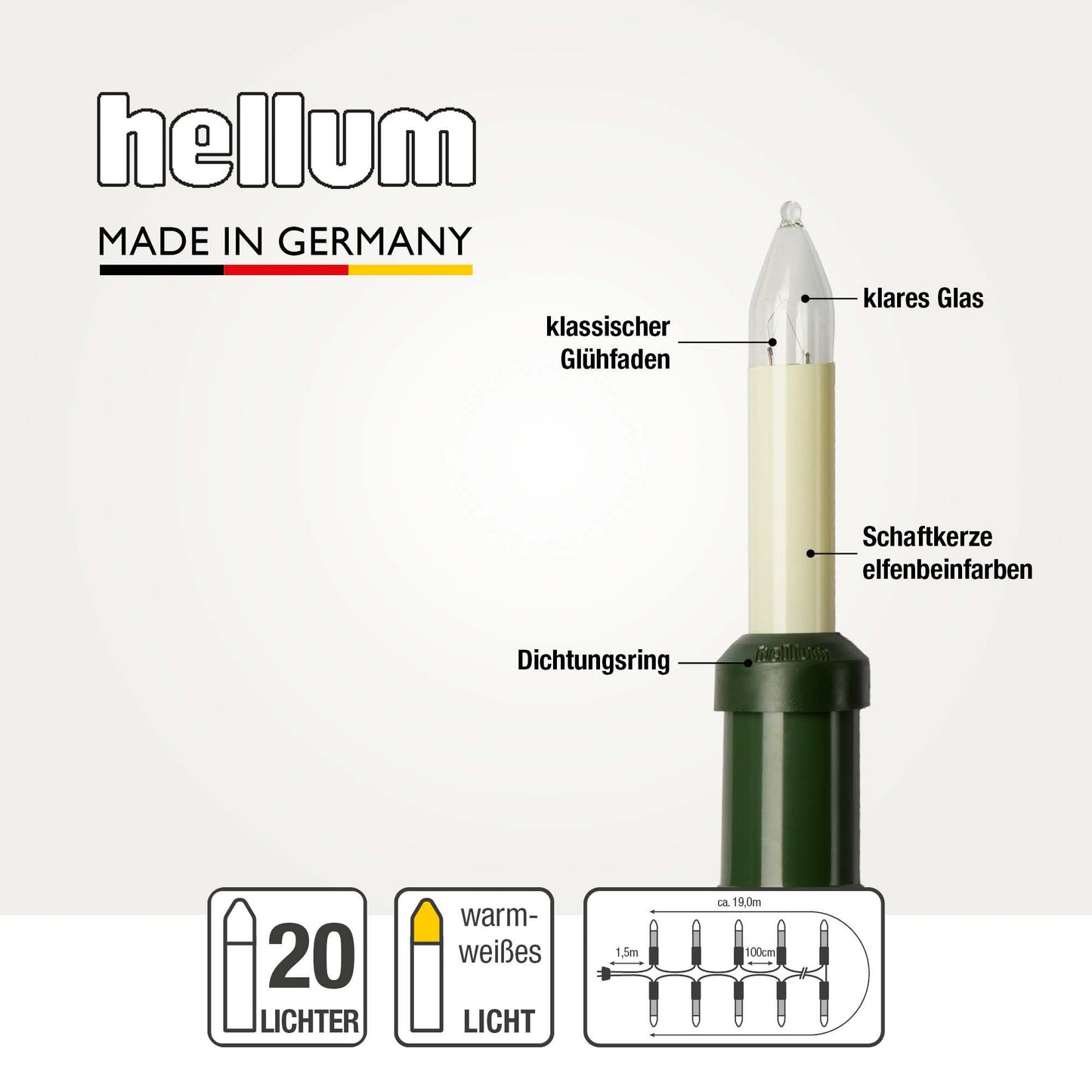 Lichterkette Weihnachtsbaum außen 20 teilig, Made in Germany, Schaftkerzen, Glühfaden