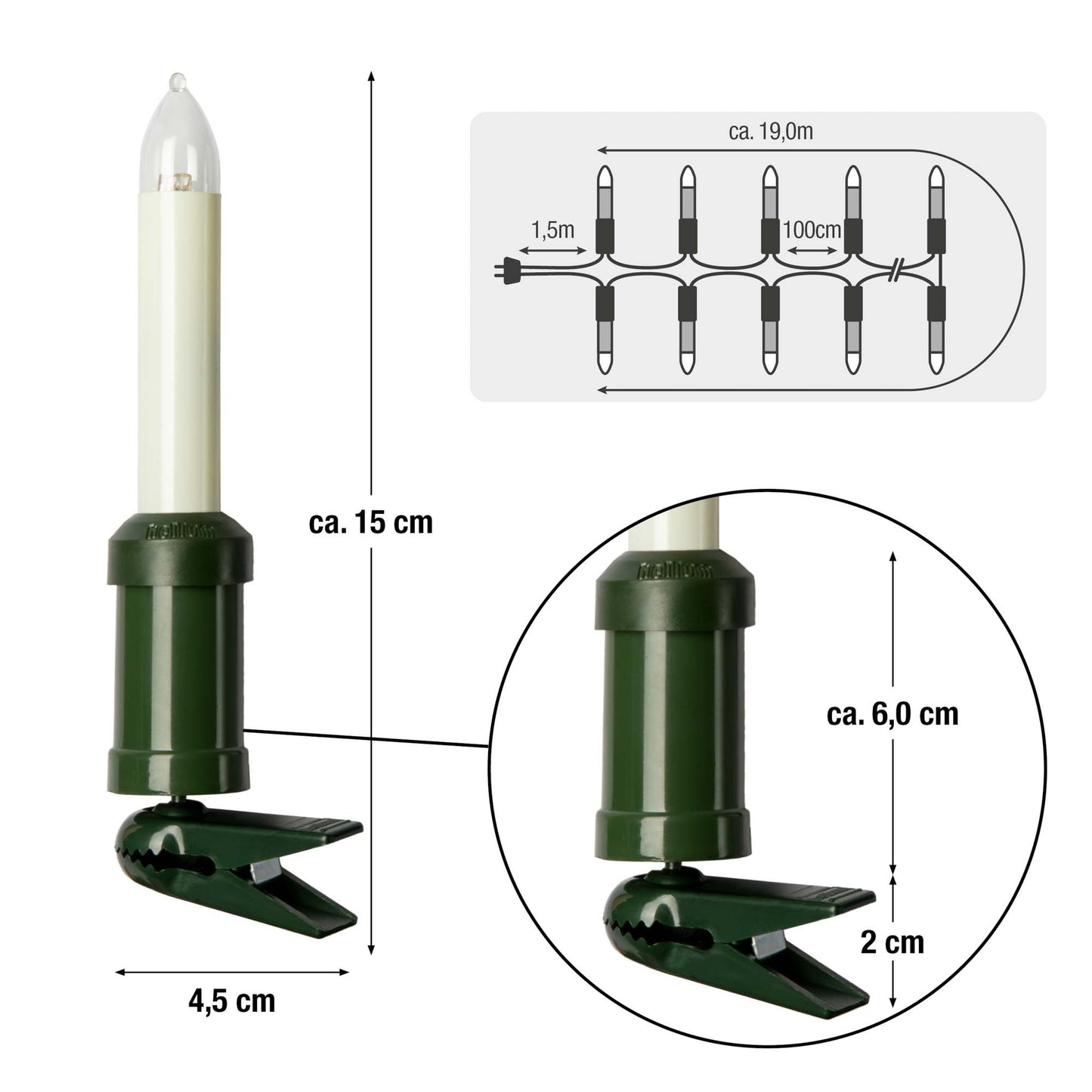 20-tlg. LED-Schaftkerzenkette, warm-weiß, für außen, teilb. Stecker