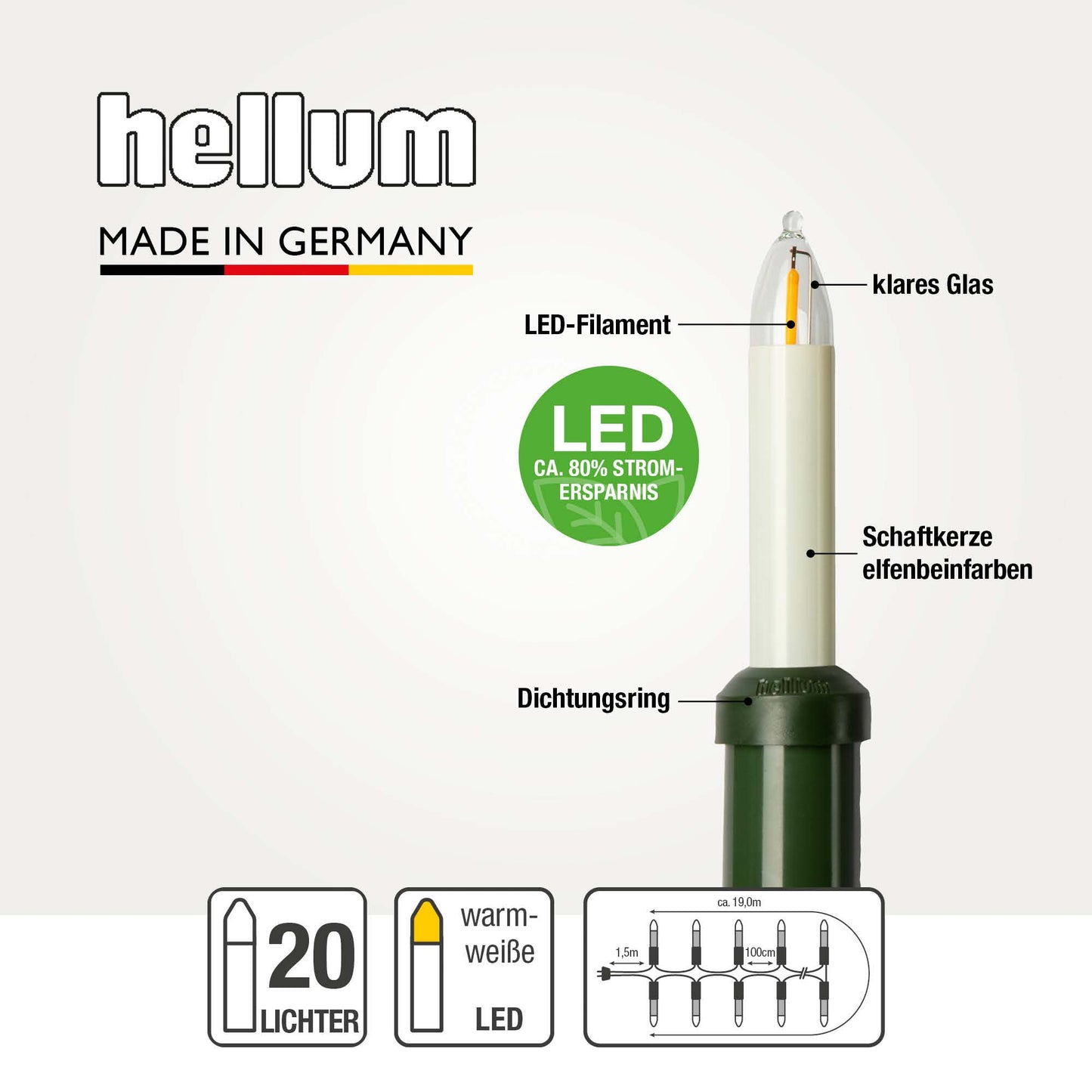 Lichterkette Weihnachtsbaum LED Filament, außen 20 teilig, Made in Germany, Schaftkerzen