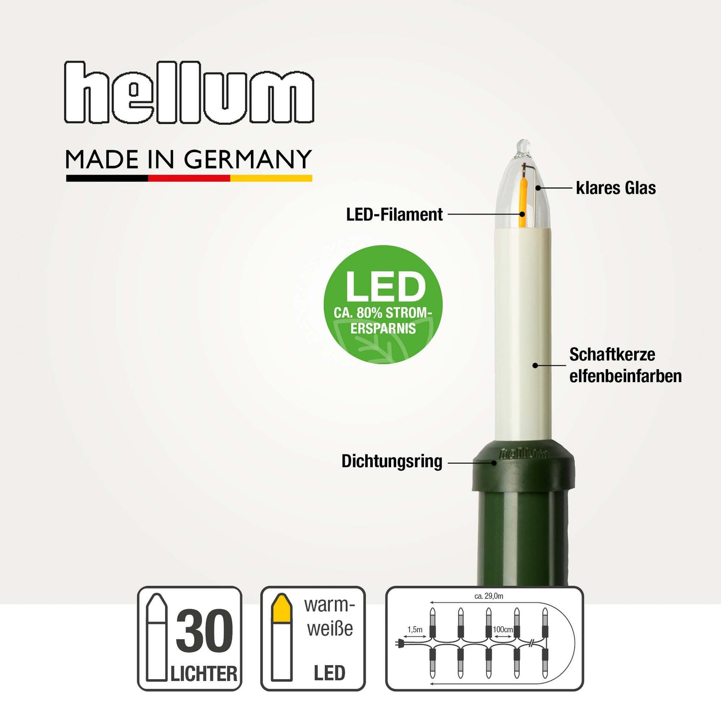 Lichterkette Weihnachtsbaum LED Filament, außen 30 teilig, Made in Germany, Schaftkerzen