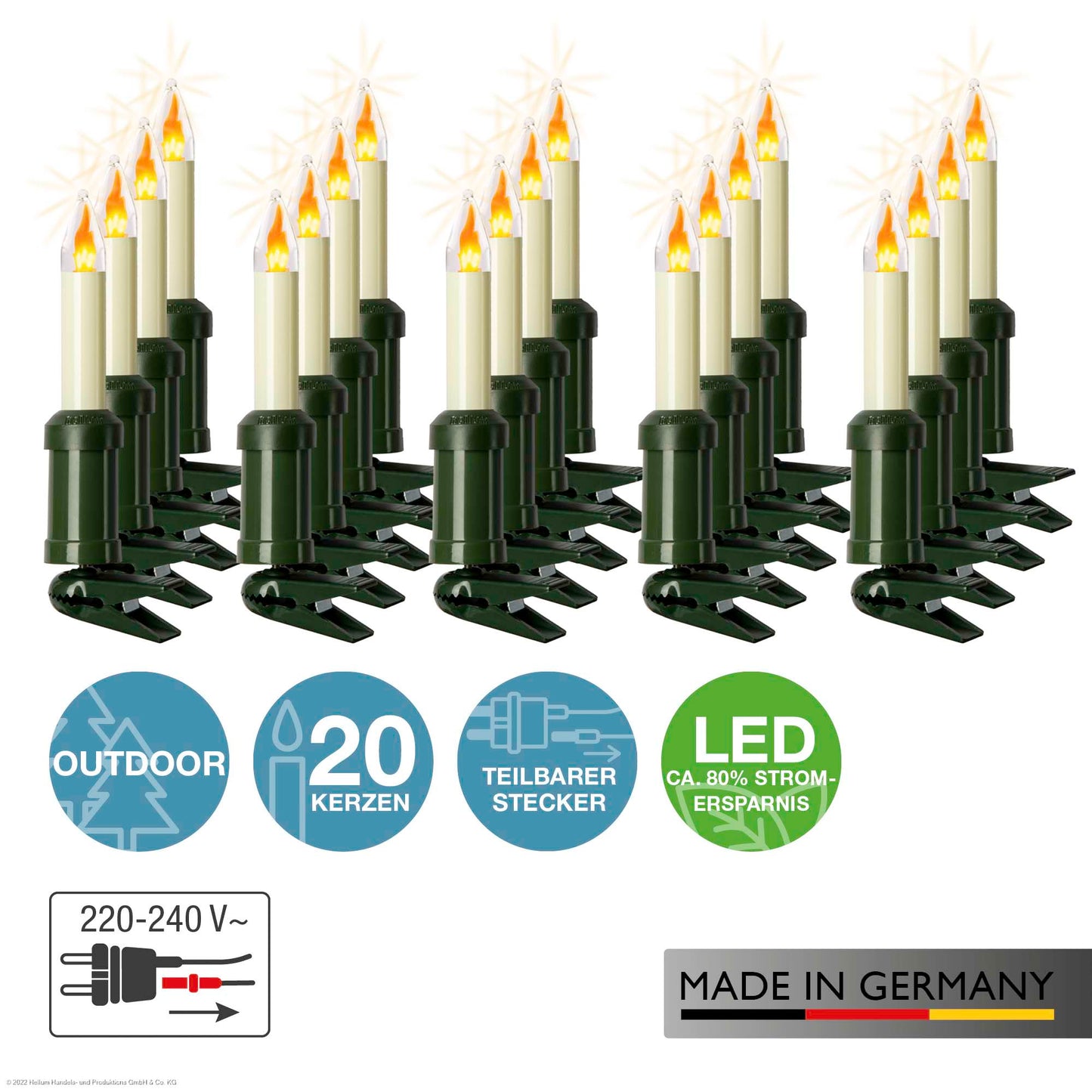 LED-Filament Schaftkerzenkette 20 LEDs ww, mit Flammeneffekt, für außen