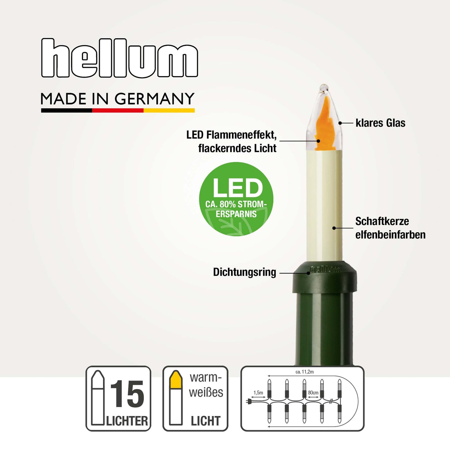 Lichterkette Weihnachtsbaum LED-Filament mit Flammeneffekt, Made in Germany,15 Lichter, beleuchte Länge 11,20 m, für Außen 845617