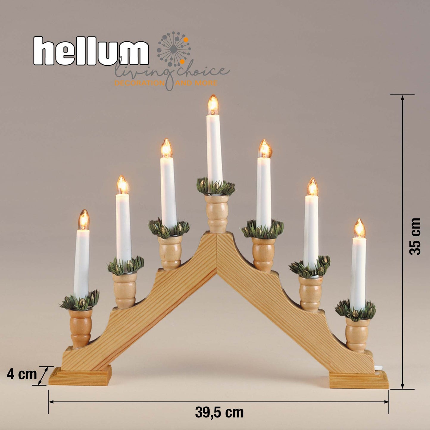 7-tlg. Holzleuchter "Pyramide", natur, mit Dekokränzchen,  Steckerzuleitung 1,5 m