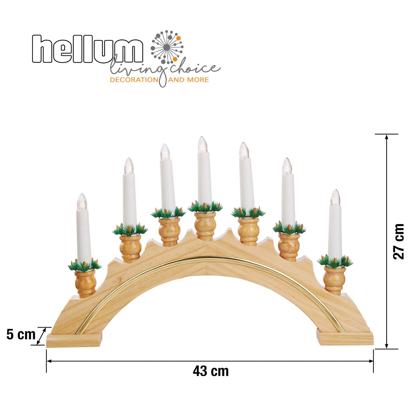 7-tlg. Holzleuchter "Goldleiste", natur, Dekorkränzen, Steckerzuleitung 1,5 m