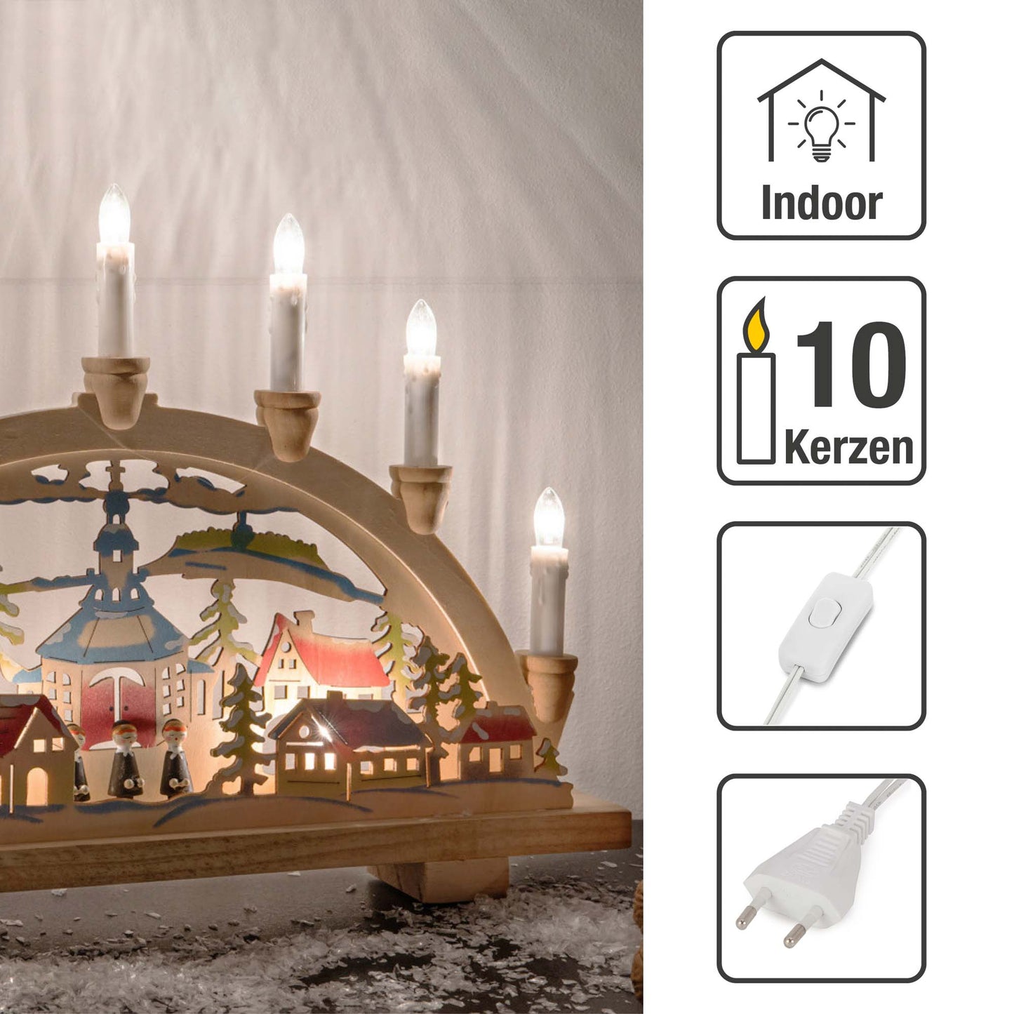 10-tlg. Holzleuchter "Seiffen", natur/bunt, LED Filament Steckerzuleitung 1,5 m