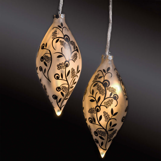 Hellum LED Glaskugeln in Tropfenform, 16 LEDs, ø13 x 23,8cm, matt mit Blumenmuster 2er Set,878035