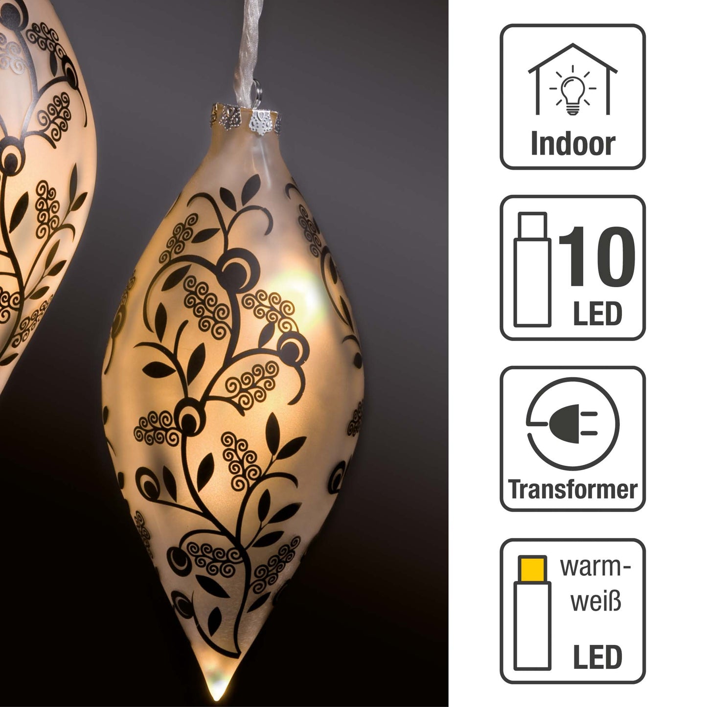 Hellum LED Glaskugeln in Tropfenform, 16 LEDs, ø13 x 23,8cm, matt mit Blumenmuster 2er Set,878035