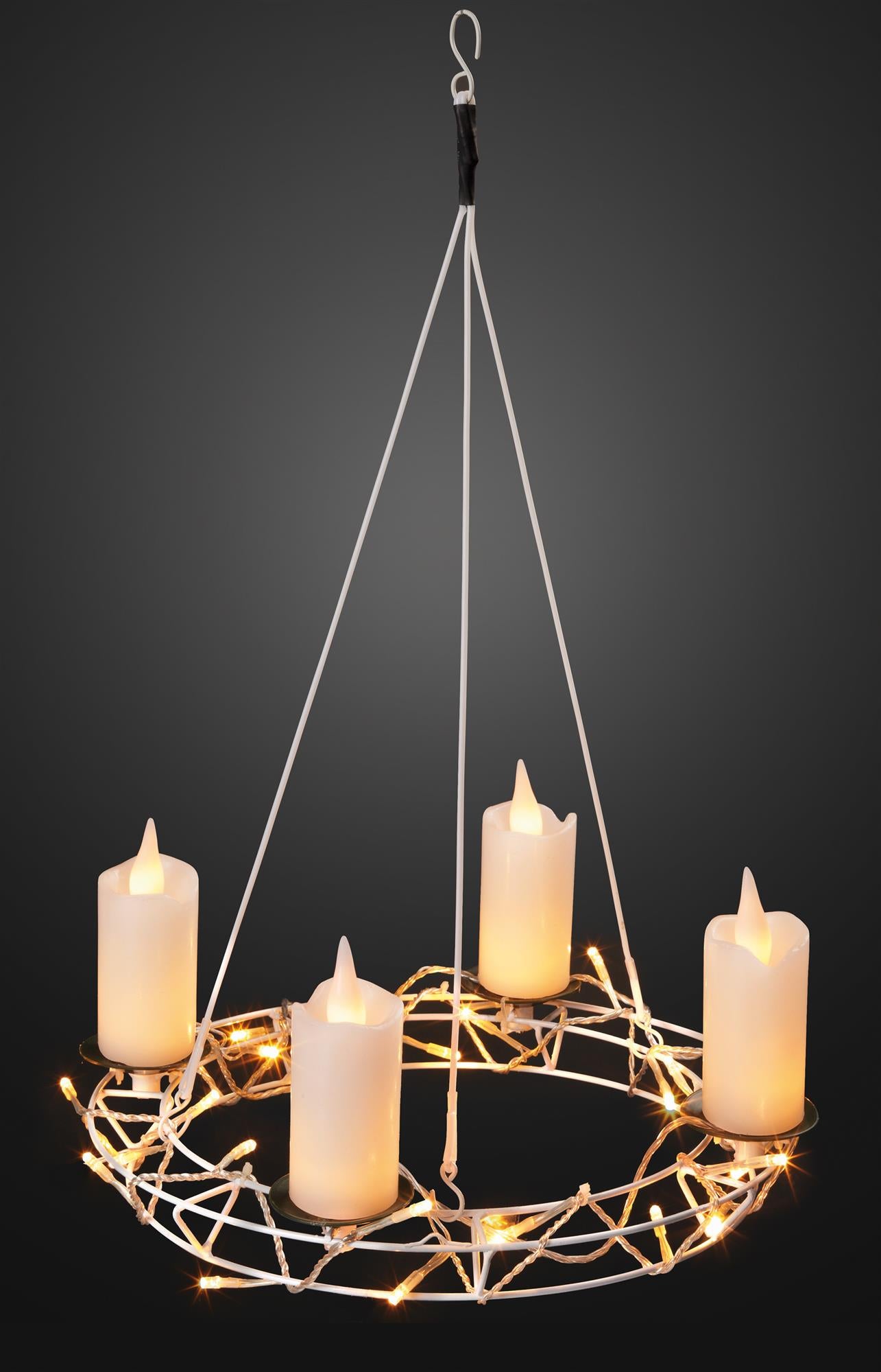 LED - Metallkranz weiß, DIA 35cm, zum Hängen und Stellen, 4 Echtwachskerzen