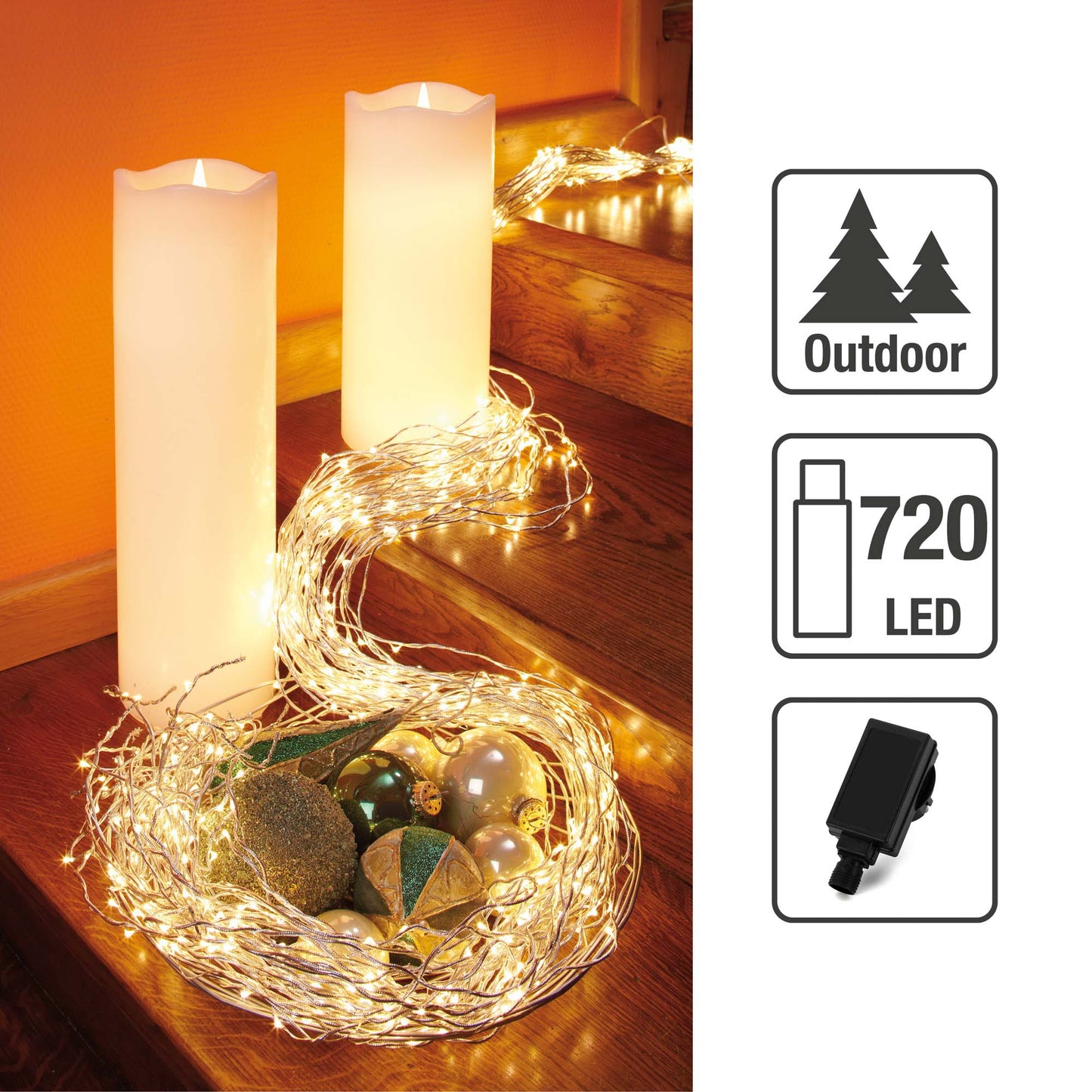 720-tlg. LED-Girlande,warm-weiß, 36 Stränge, gedreht mit silbernem Seil, Außen-Trafo