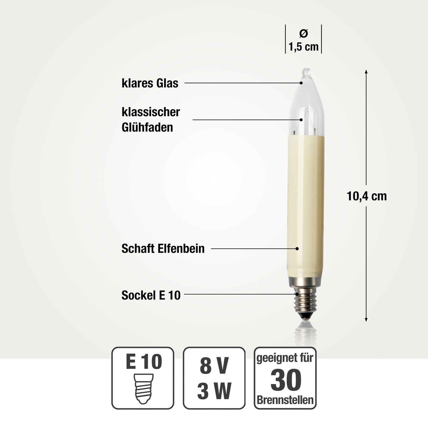 Ersatzkerzen Lichterkette 8V 3W für Lichterketten & Schwibbogen, 10 Stk Schaftkerzen E10 für 30 Brennstellen innen & außen 901016