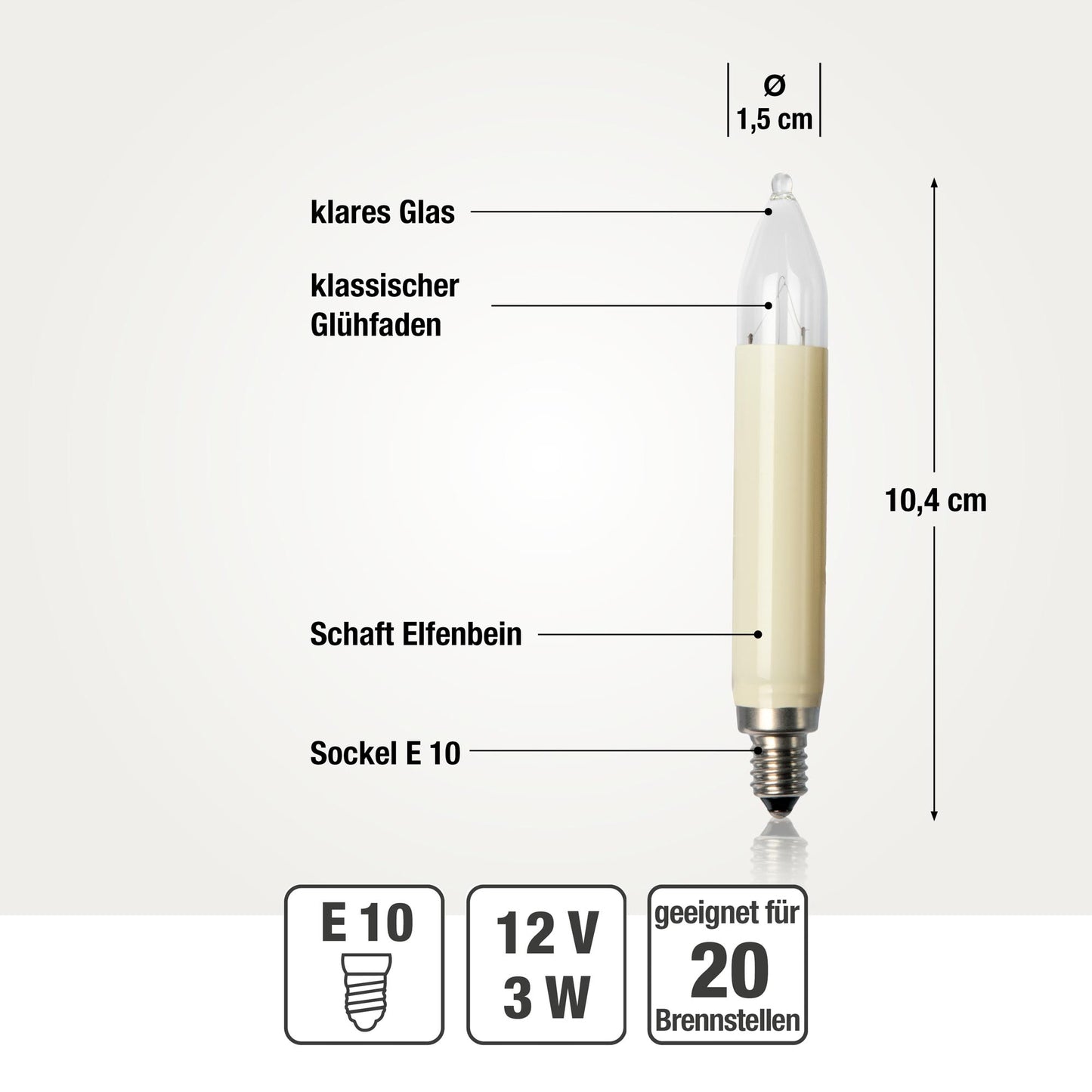 Ersatzkerzen Lichterkette 12V 3W für Lichterketten & Schwibbogen, 10 Stück Schaftkerzen E10 für 20 Brennstellen innen & außen 902013