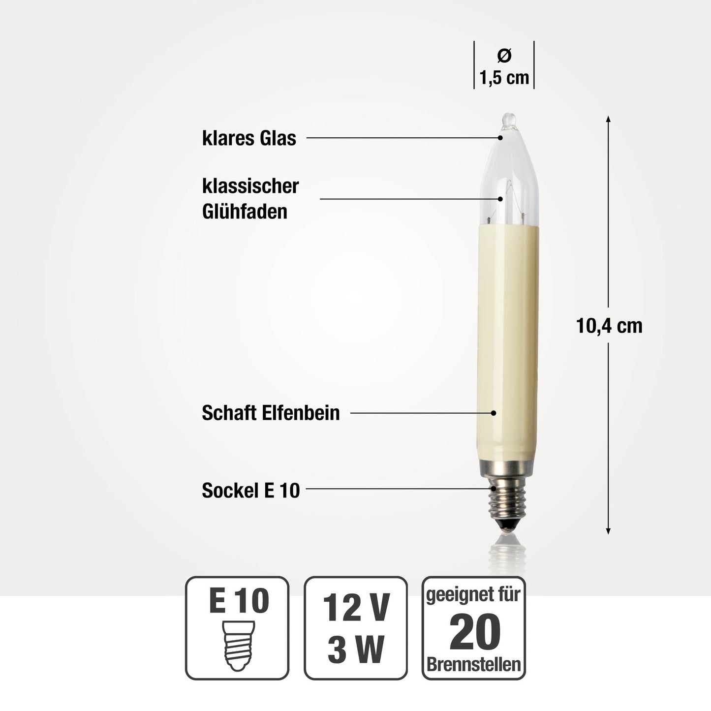 Ersatzkerzen Lichterkette 12V 3W für Lichterketten & Schwibbogen, 3 Stück Schaftkerzen E10 für 20 Brennstellen innen & außen 902037