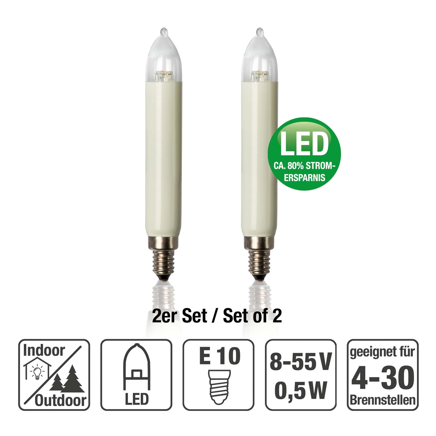 Ersatzkerzen Lichterkette LED 8-34V 0,5W für Lichterketten & Schwibbogen, 5  Stk Schaftkerzen E10 für 7-30 Brennstellen innen & außen 151343