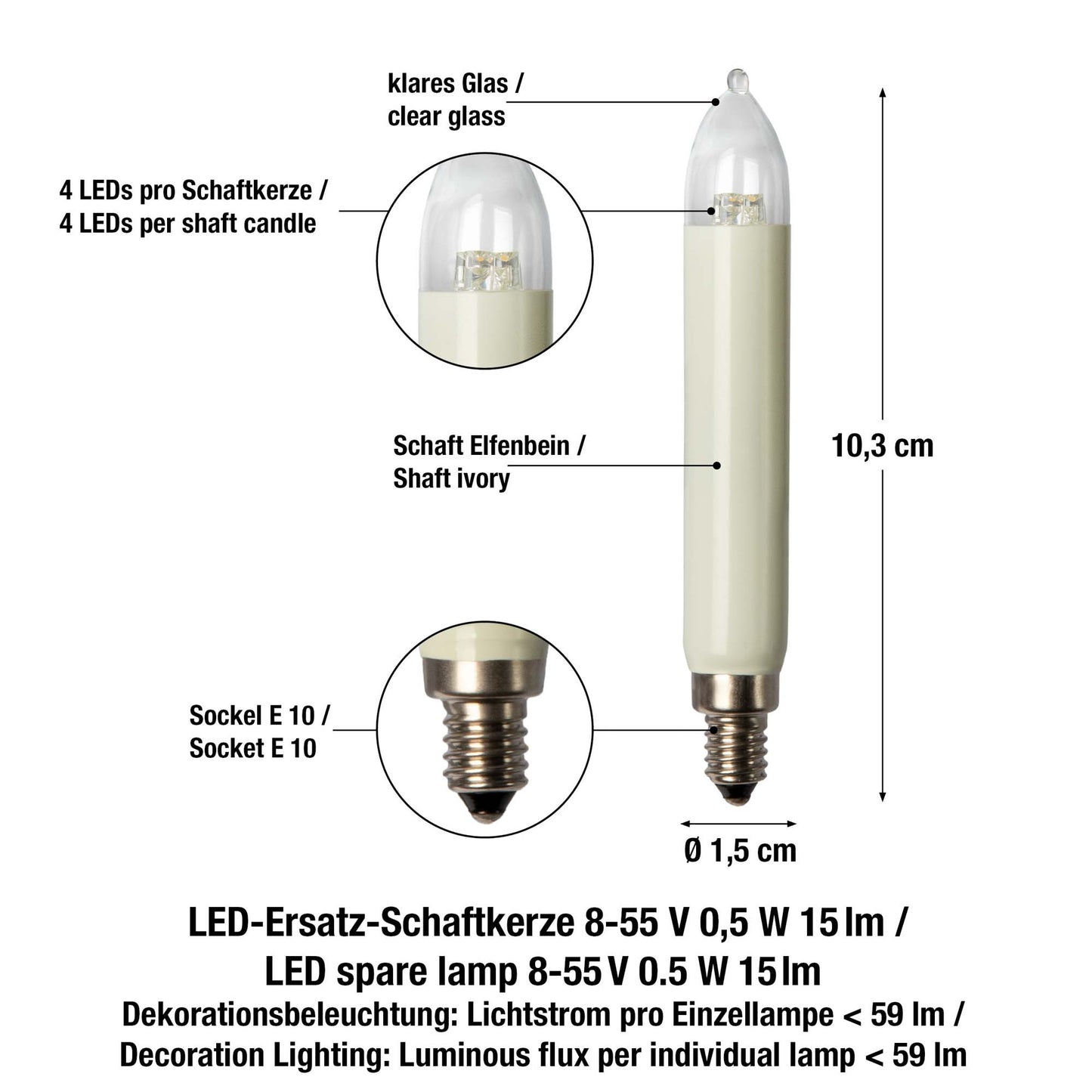 Ersatzkerzen Lichterkette LED 8-34V 0,5W für Lichterketten & Schwibbogen, 5  Stk Schaftkerzen E10 für 7-30 Brennstellen innen & außen 151343