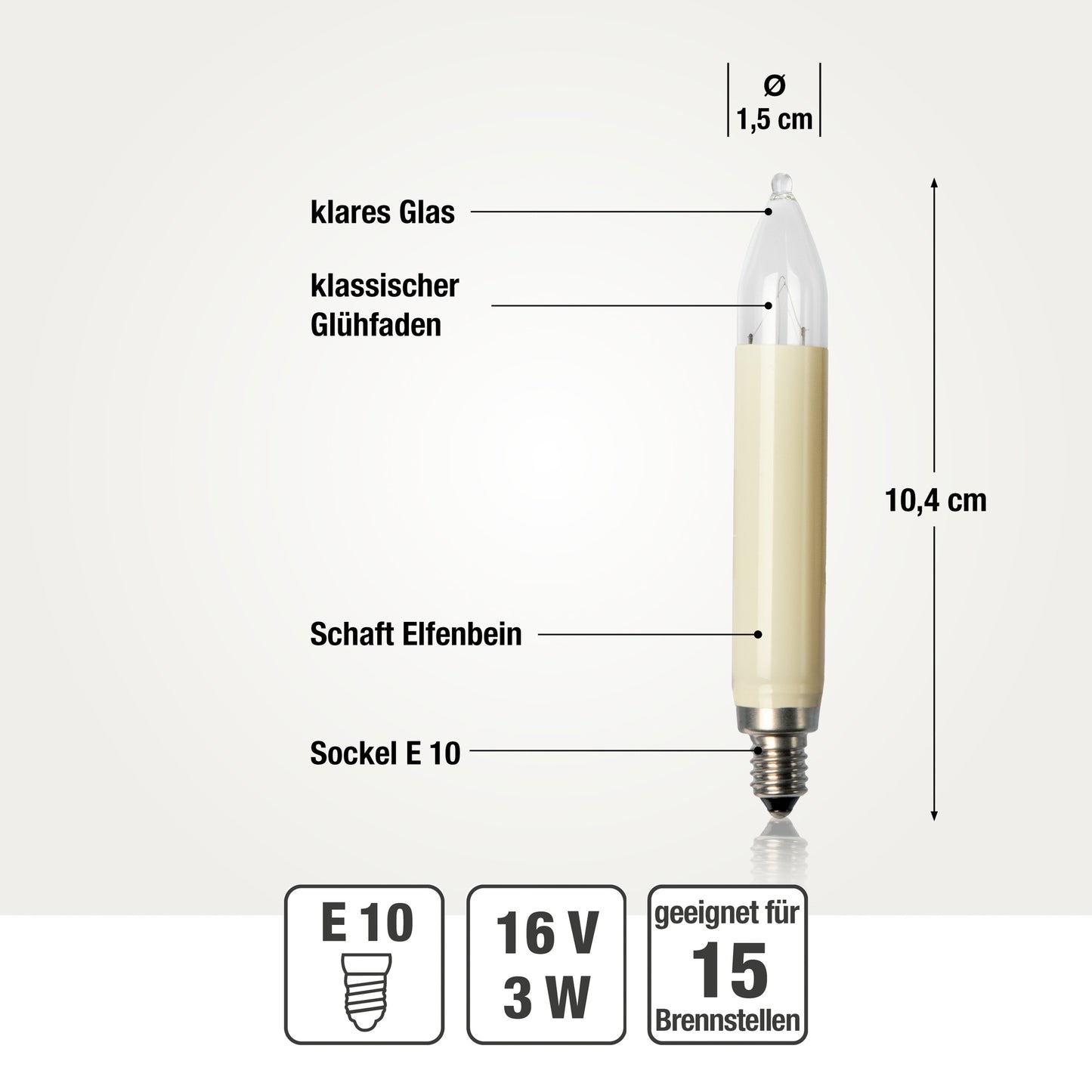 Ersatzkerzen Lichterkette 16V 3W für Lichterketten & Schwibbogen, 10 Stück Schaftkerzen E10 für 15 Brennstellen innen & außen 904017
