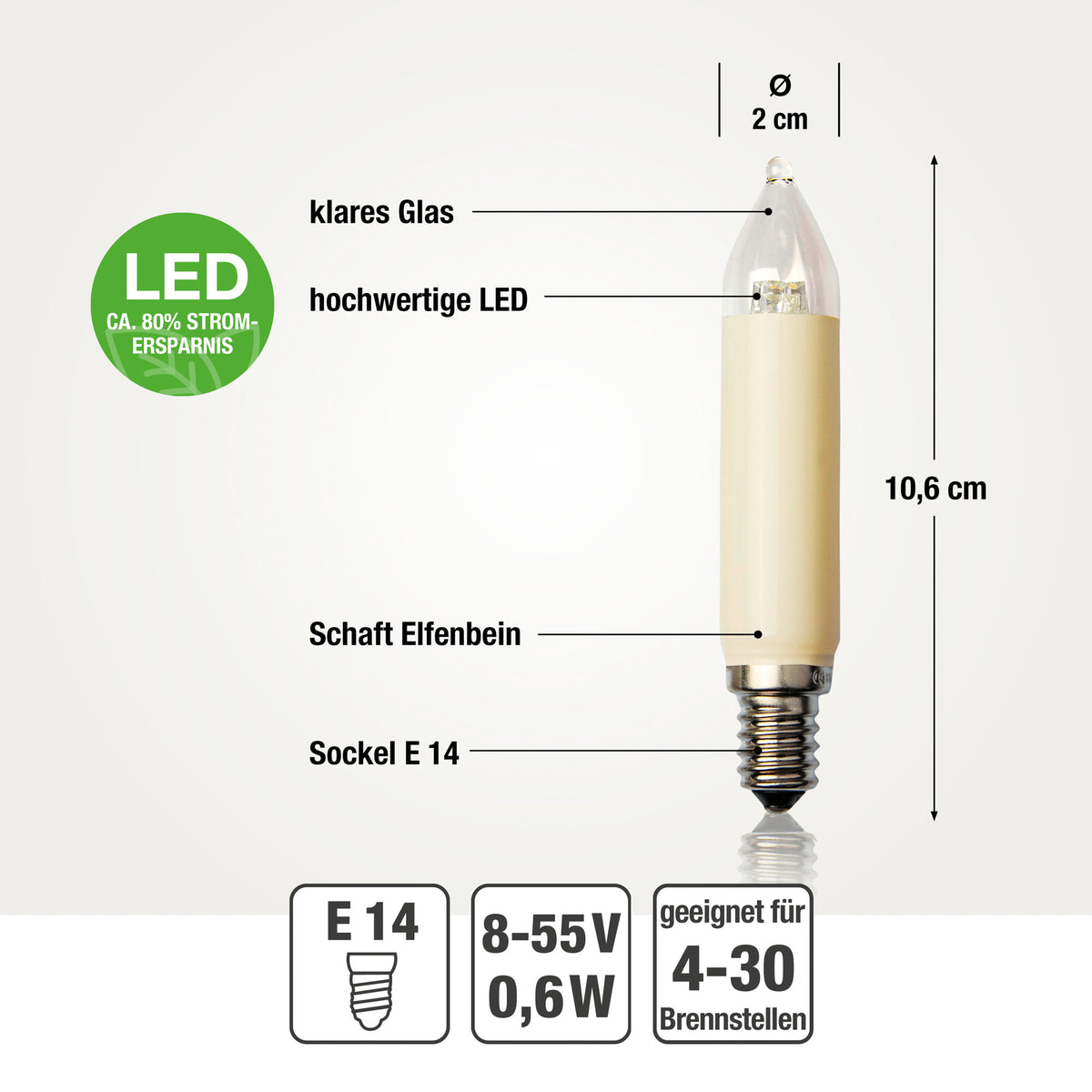 Ersatzkerzen Lichterkette LED 8-55V 0,6W für Lichterketten & Schwibbogen, 2 Stk Schaftkerzen E14 für 4-30 Brennstellen innen & außen 904949