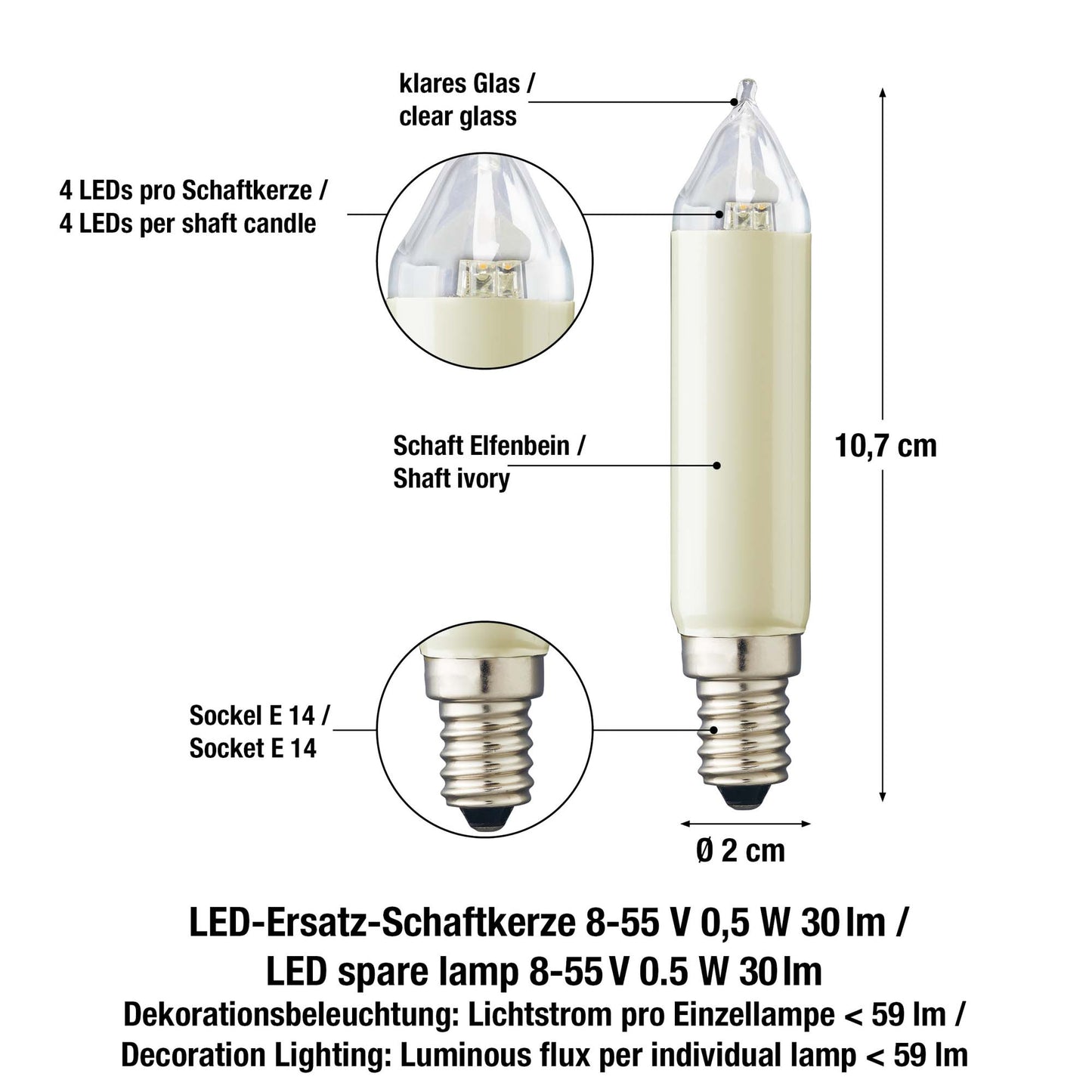 Ersatzkerzen Lichterkette LED 8-55V 0,6W für Lichterketten & Schwibbogen, 2 Stk Schaftkerzen E14 für 4-30 Brennstellen innen & außen 904949