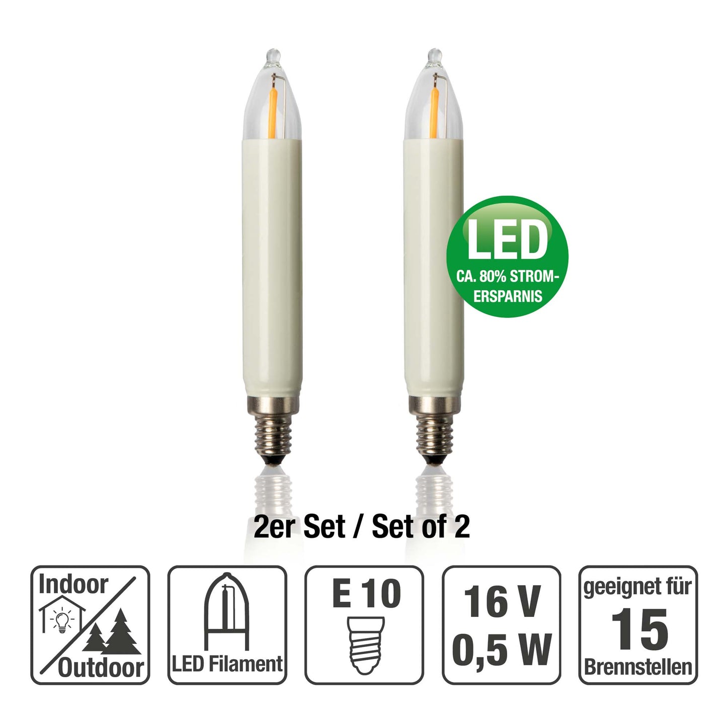 Ersatzkerzen Lichterkette LED-Filament 16V 0,5W für Lichterketten & Schwibbogen, 2 Stk Schaftkerzen E10 für 15 Brennstellen innen & außen 904970