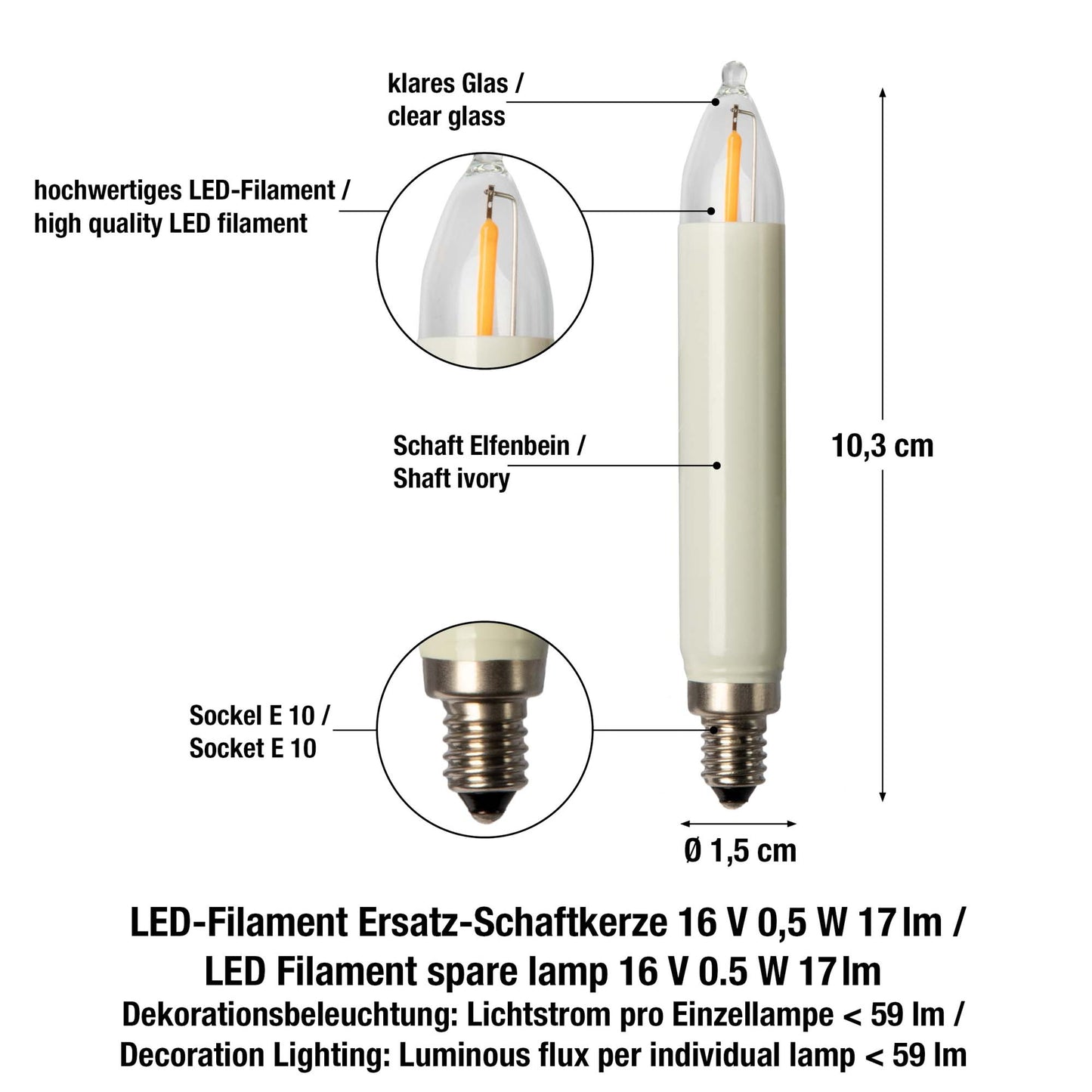 Ersatzkerzen Lichterkette LED-Filament 16V 0,5W für Lichterketten & Schwibbogen, 2 Stk Schaftkerzen E10 für 15 Brennstellen innen & außen 904970
