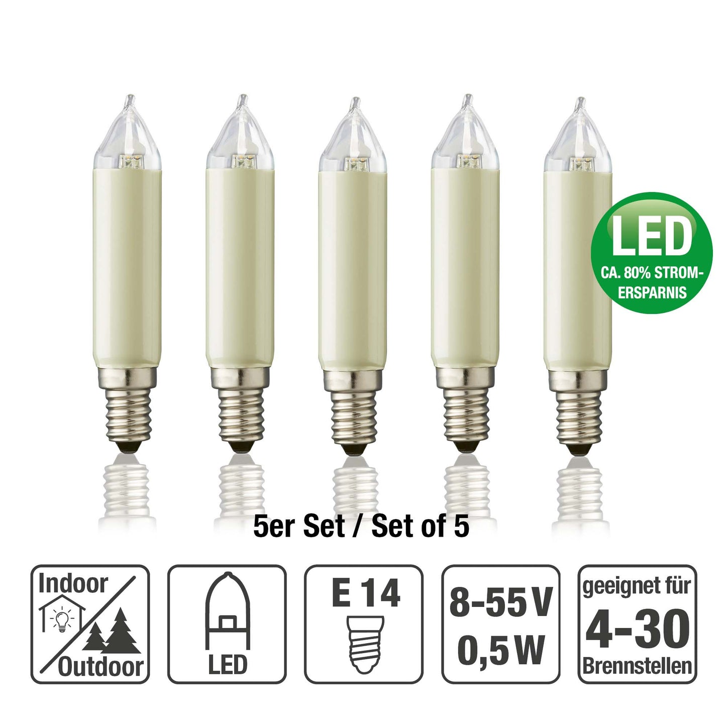Ersatzkerzen Lichterkette LED 8-55V 0,1-0,5W für Lichterketten & Schwibbogen, 5 Stk Schaftkerzen E14 für 4-30 Brennstellen innen & außen 904987
