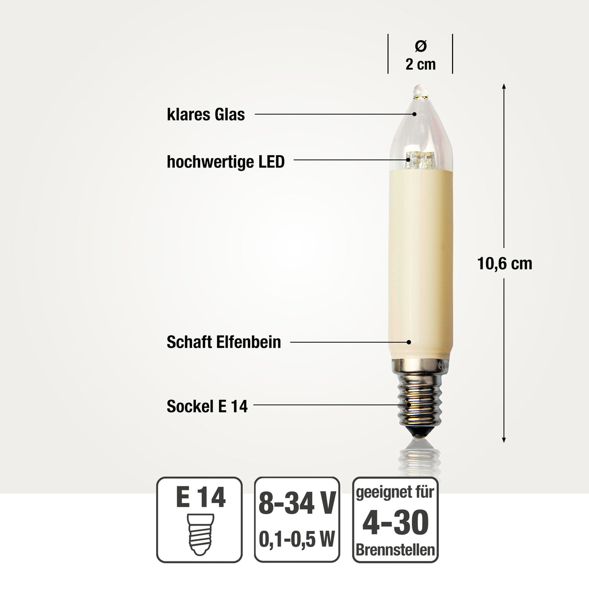 Ersatzkerzen Lichterkette LED 8-55V 0,1-0,5W für Lichterketten & Schwibbogen, 5 Stk Schaftkerzen E14 für 4-30 Brennstellen innen & außen 904987