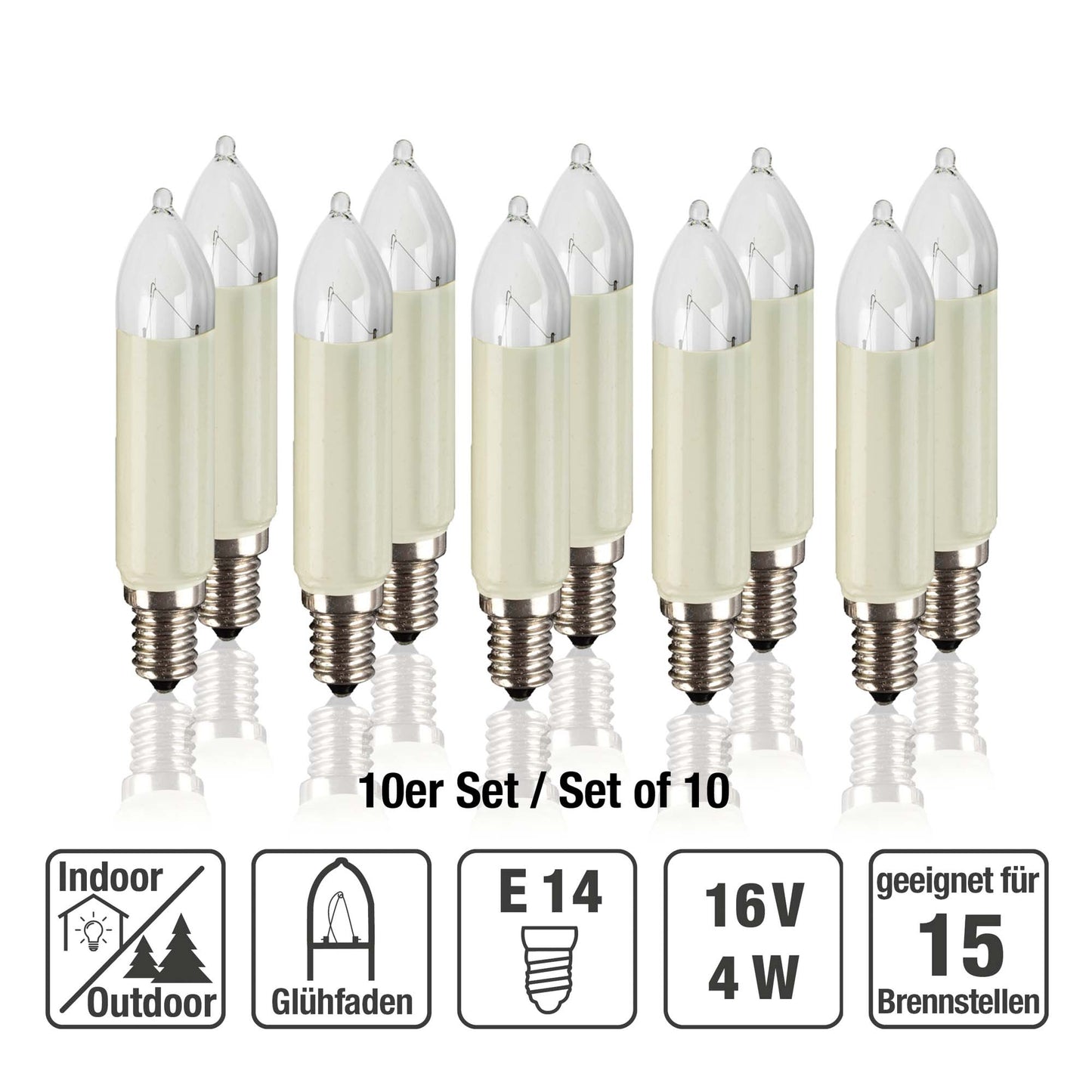 Ersatzkerzen Lichterkette 16V 4W für Lichterketten & Schwibbogen, 10 Stk Schaftkerzen E14 für 15 Brennstellen innen & außen 905007