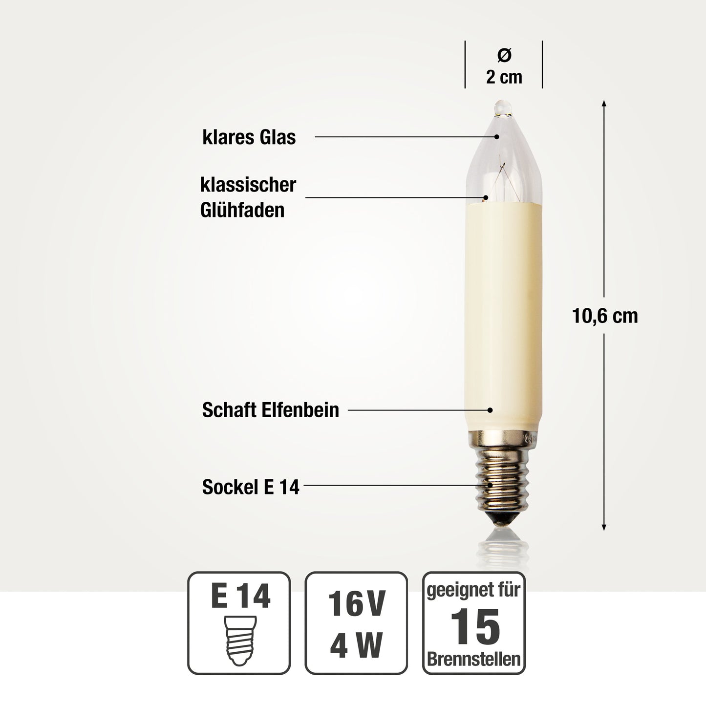 Ersatzkerzen Lichterkette 16V 4W für Lichterketten & Schwibbogen, 2 Stk Schaftkerzen E14 für 15 Brennstellen innen & außen 905021