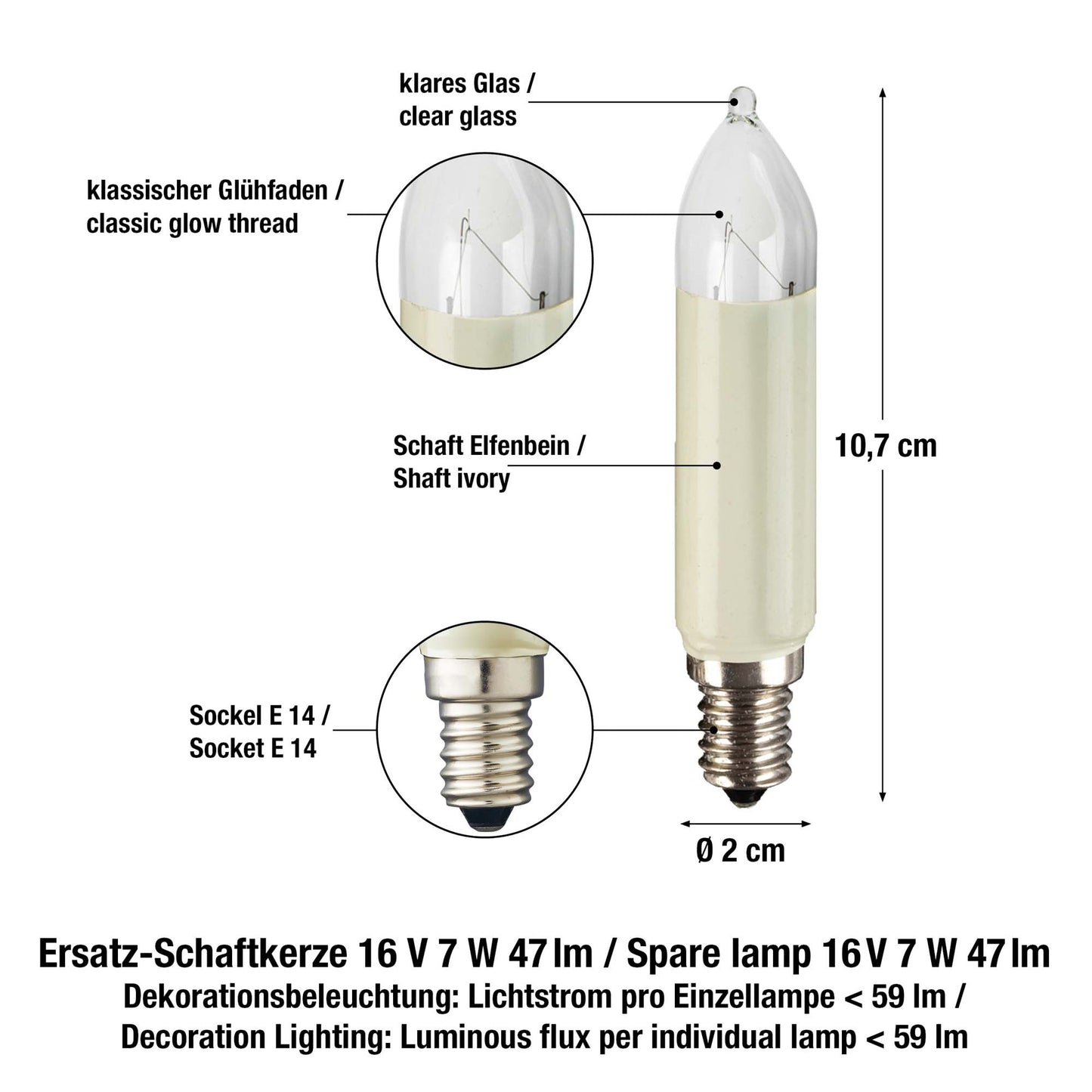 Ersatzkerzen Lichterkette 16V 7W für Lichterketten & Schwibbogen, 2 Stk Schaftkerzen E14 für 15 Brennstellen innen & außen 905045