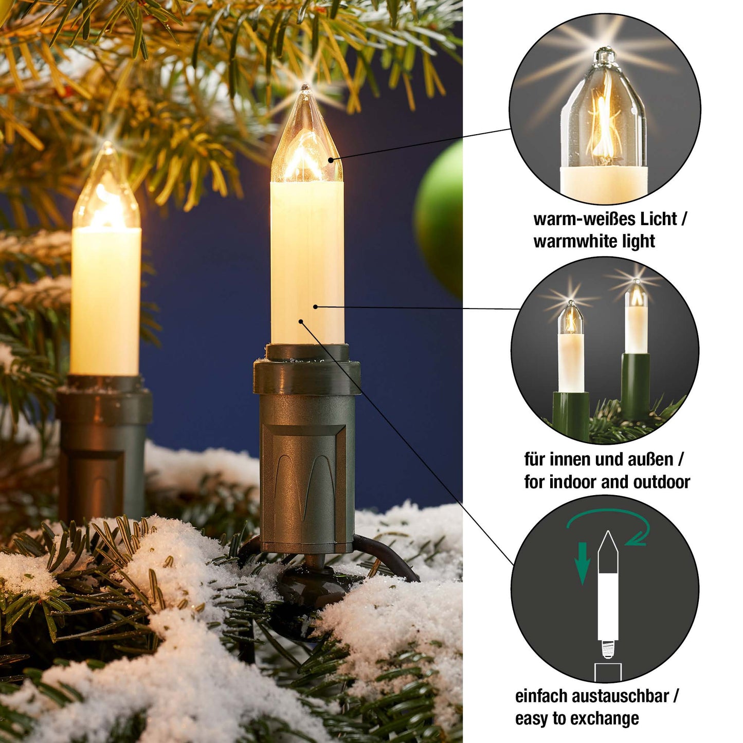 Ersatzkerzen Lichterkette 16V 7W für Lichterketten & Schwibbogen, 2 Stk Schaftkerzen E14 für 15 Brennstellen innen & außen 905045