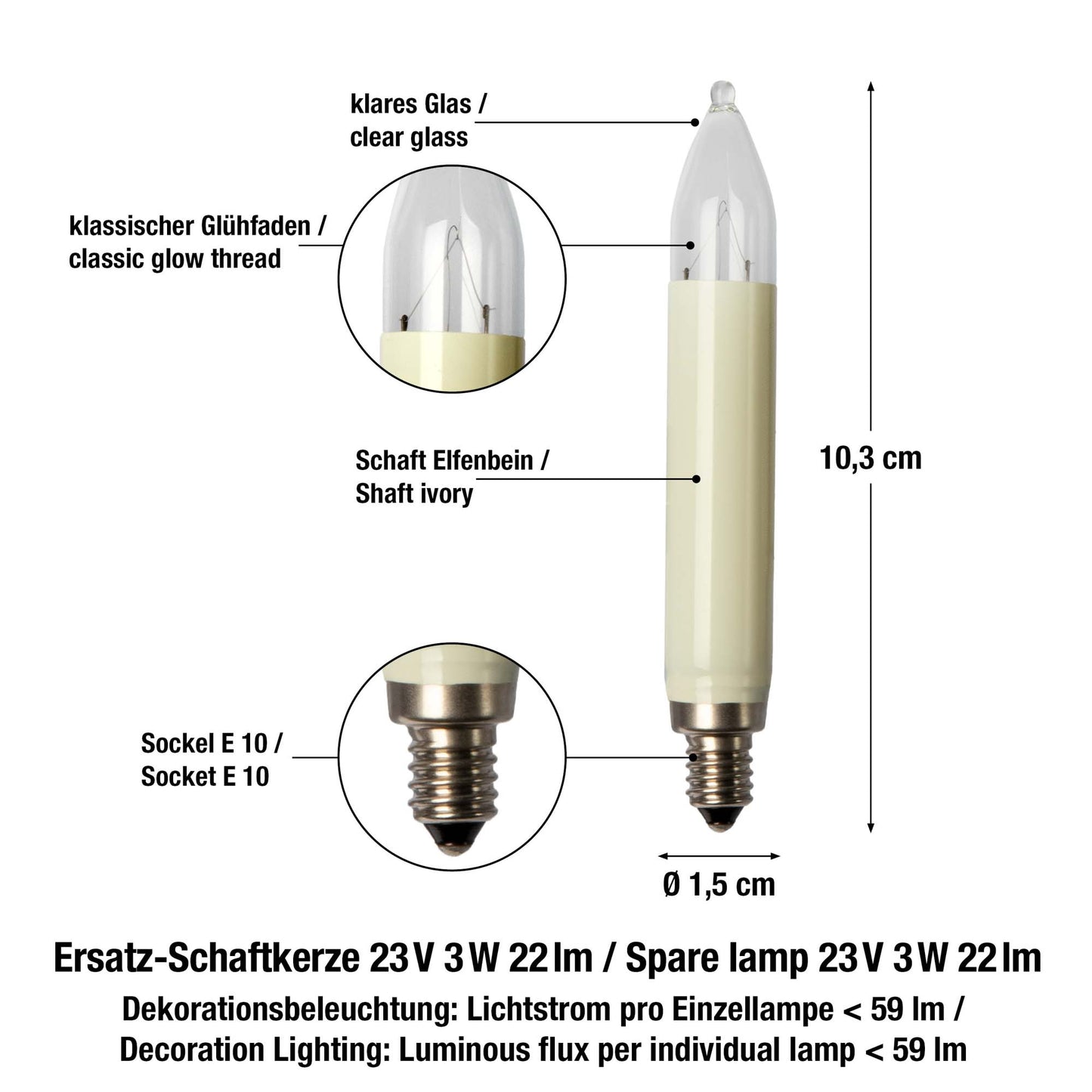 Schaftkerze,  23 V / 3 W, E 10, 10er Schachtel