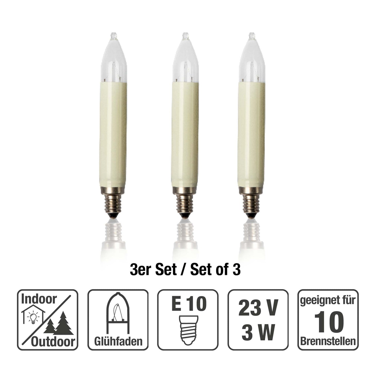 Ersatzkerzen Lichterkette 23V 3W für Lichterketten & Schwibbogen, 3 Stück Schaftkerzen E10 für 10 Brennstellen innen & außen 908039
