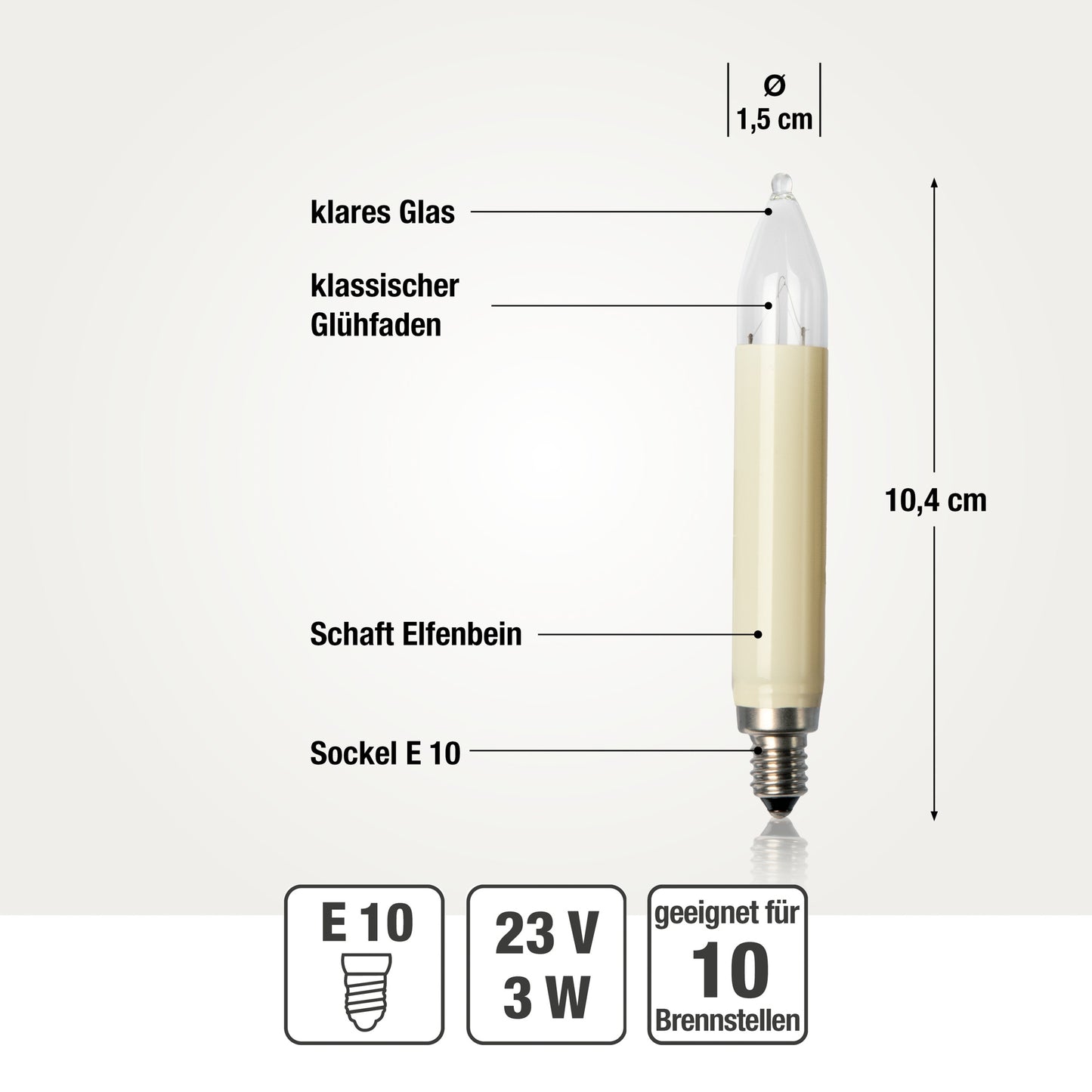 Ersatzkerzen Lichterkette 23V 3W für Lichterketten & Schwibbogen, 3 Stück Schaftkerzen E10 für 10 Brennstellen innen & außen 908039