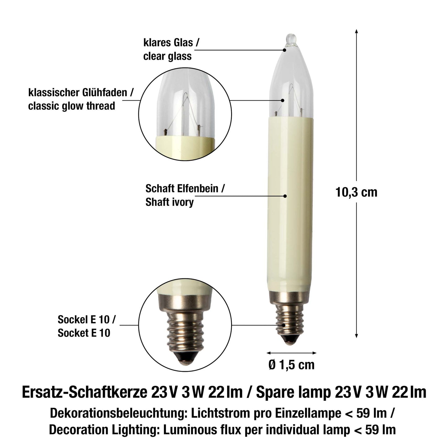 Ersatzkerzen Lichterkette 23V 3W für Lichterketten & Schwibbogen, 3 Stück Schaftkerzen E10 für 10 Brennstellen innen & außen 908039