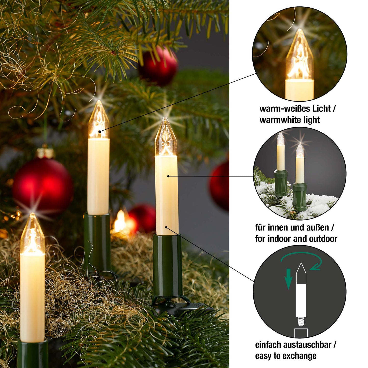 Ersatzkerzen Lichterkette 23V 3W für Lichterketten & Schwibbogen, 3 Stück Schaftkerzen E10 für 10 Brennstellen innen & außen 908039