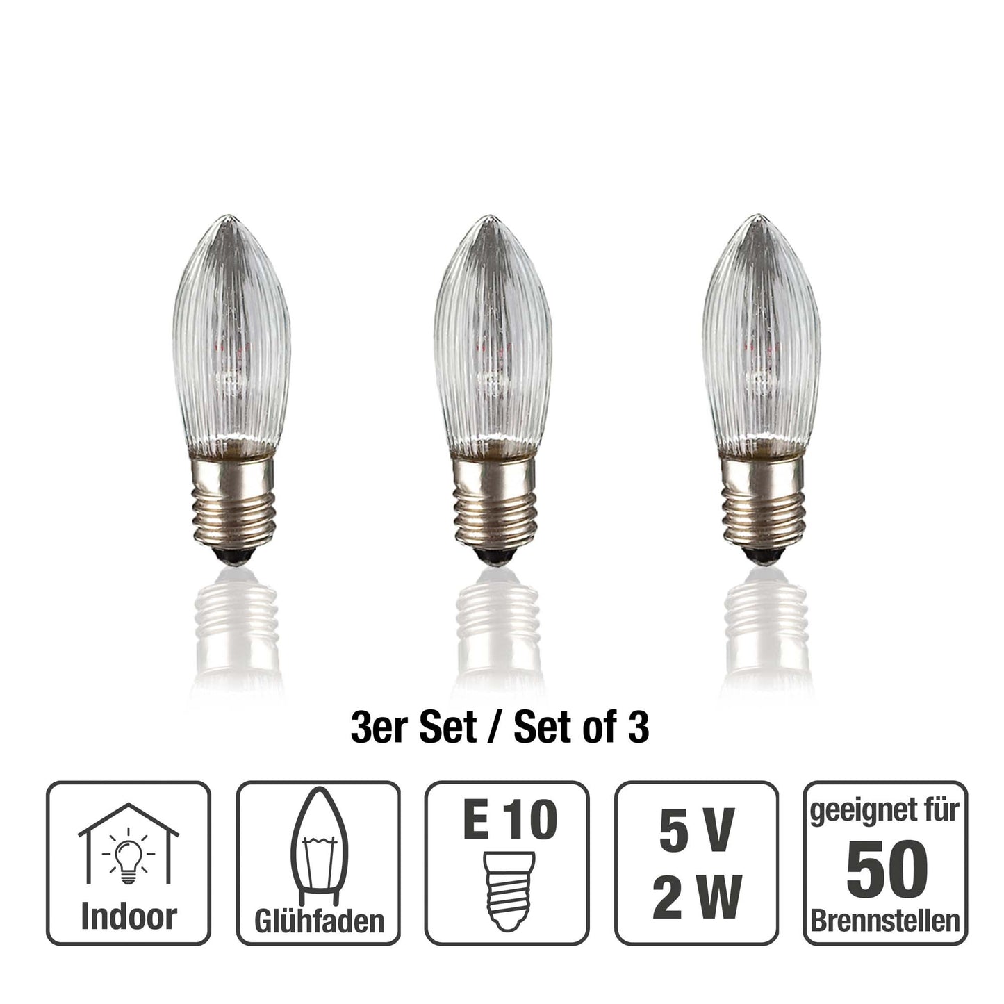 Ersatzkerzen Lichterkette 5V 2W für Lichterketten & Schwibbogen, 3 Stk Riffelkerzen E10 für 50 Brennstellen innen 910124