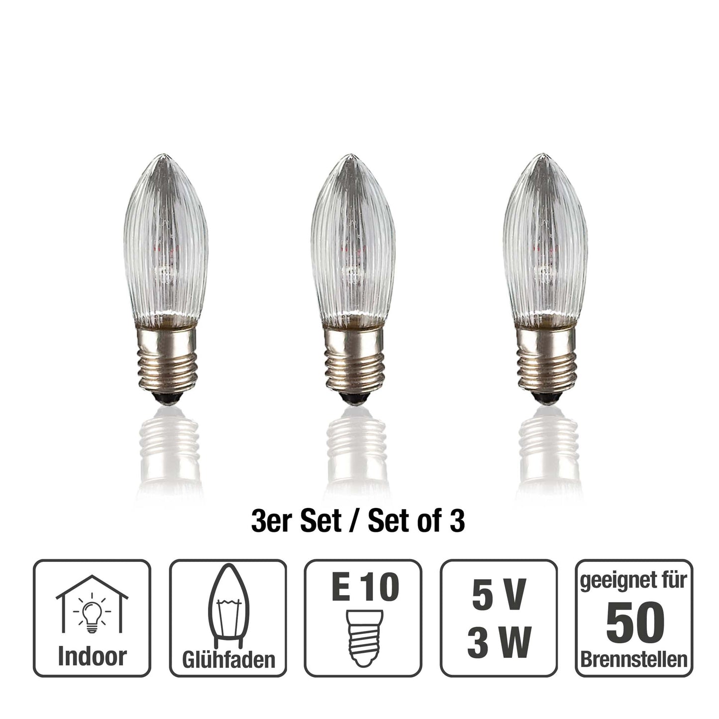 Ersatzkerzen Lichterkette 5V 3W für Lichterketten & Schwibbogen, 3 Stk Riffelkerzen E10 für 50 Brennstellen innen 910131