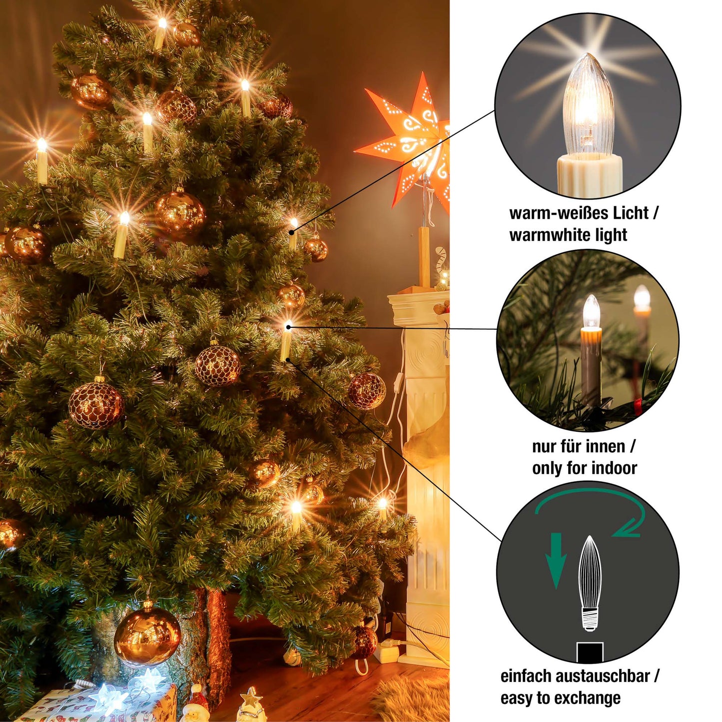 Ersatzkerzen Lichterkette 5V 3W für Lichterketten & Schwibbogen, 3 Stk Riffelkerzen E10 für 50 Brennstellen innen 910131