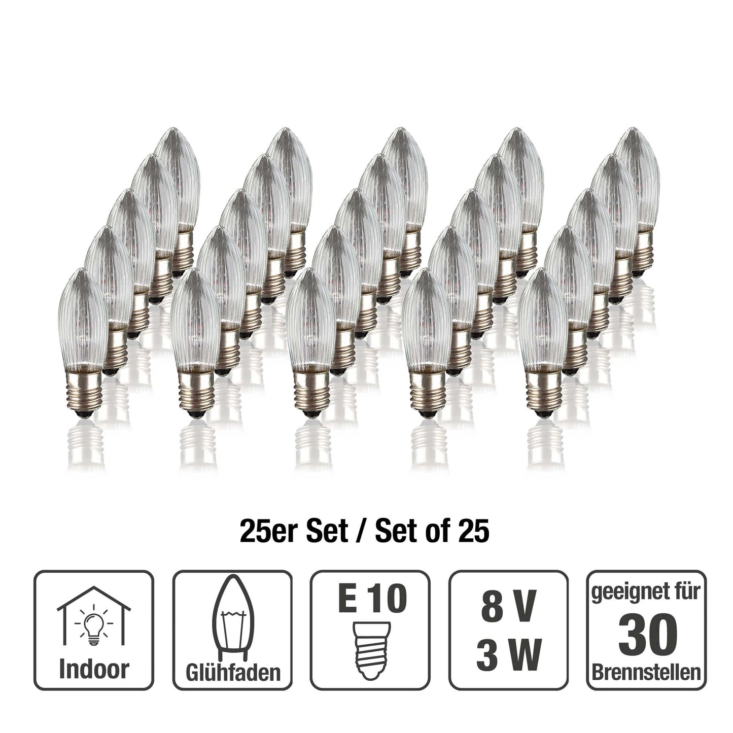Ersatzkerzen Lichterkette 8V 3W für Lichterketten & Schwibbogen, 25 Stk Riffelkerzen E10 für 30 Brennstellen innen 911114