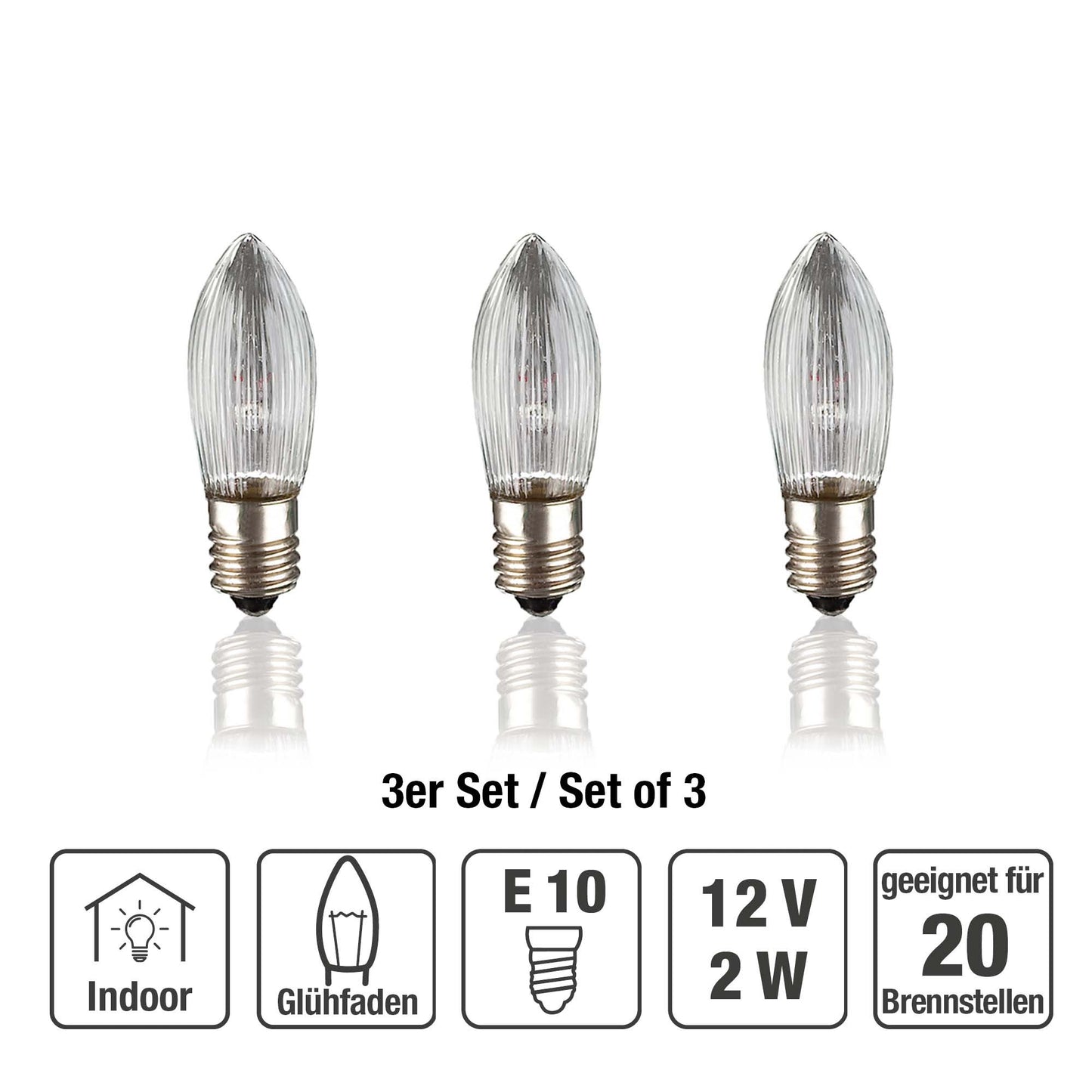 Ersatzkerzen Lichterkette 12V 2W für Lichterketten & Schwibbogen, 3 Stk Riffelkerzen E10 für 20 Brennstellen innen 912159