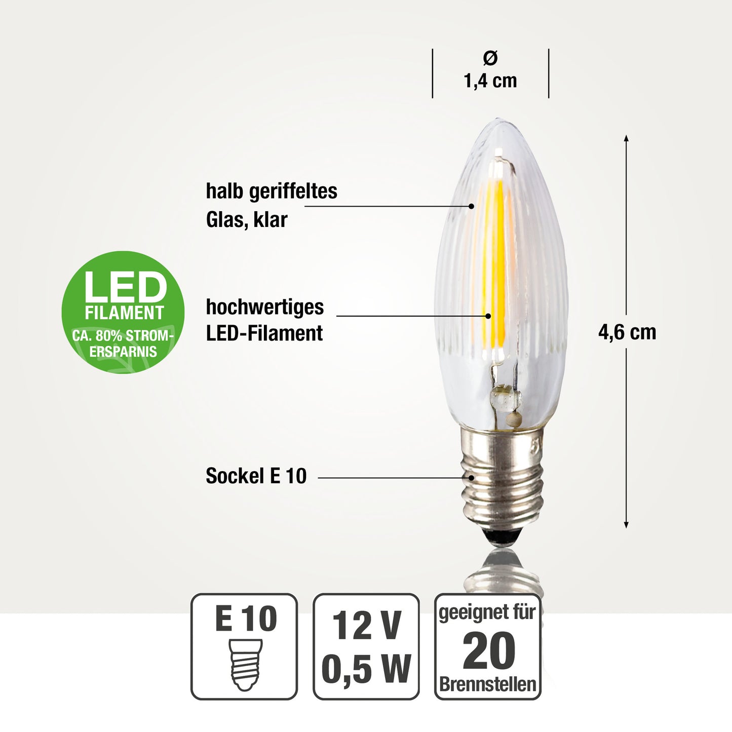 Ersatzkerzen Lichterkette LED-Filament 12V 0,5W für Lichterketten & Schwibbogen, 3 Stk Riffelkerzen E10 für 20 Brennstellen innen & außen 912340
