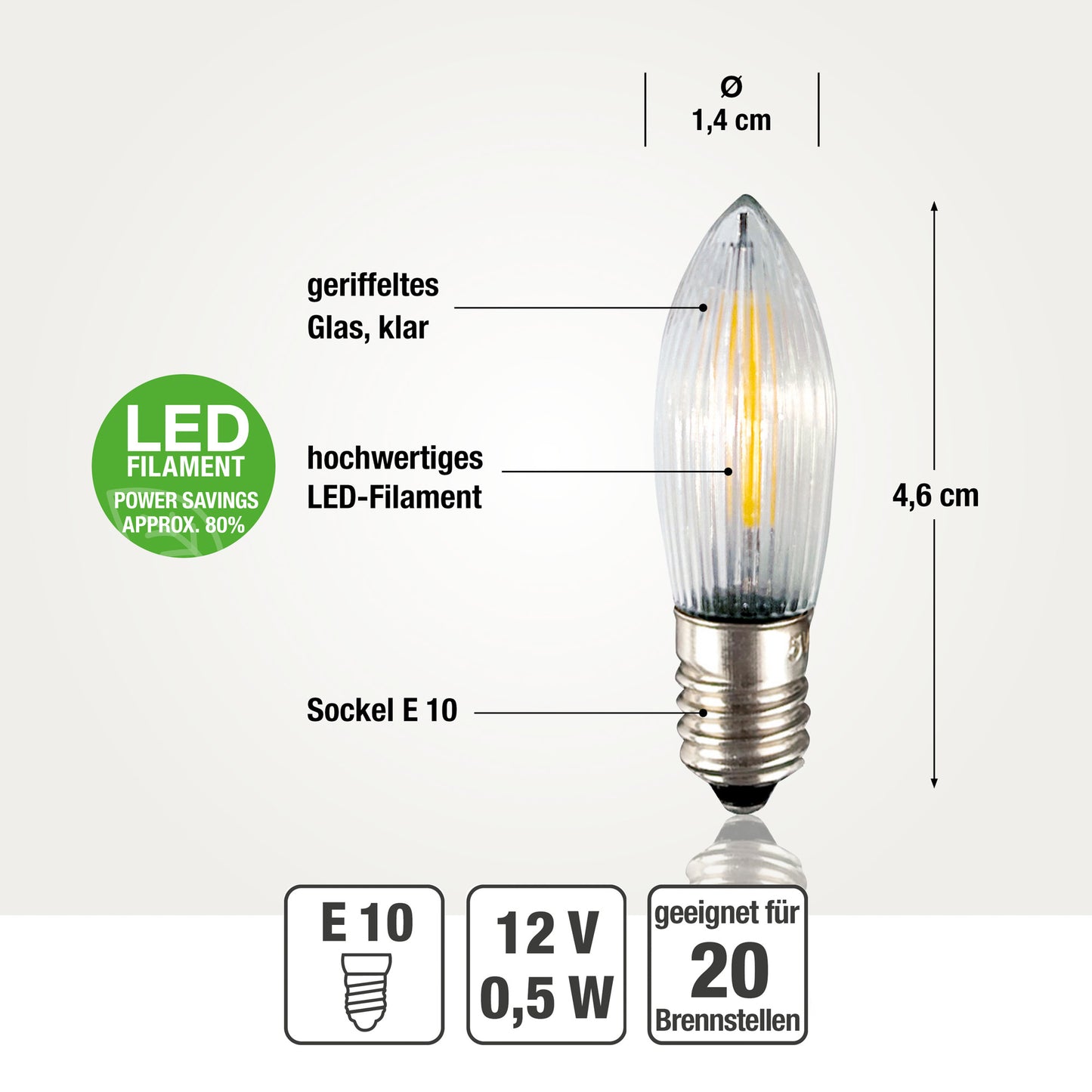 Ersatzkerzen Lichterkette LED-Filament 12V 0,5W für Lichterketten & Schwibbogen, 3 Stk Riffelkerzen E10 für 20 Brennstellen innen 912401