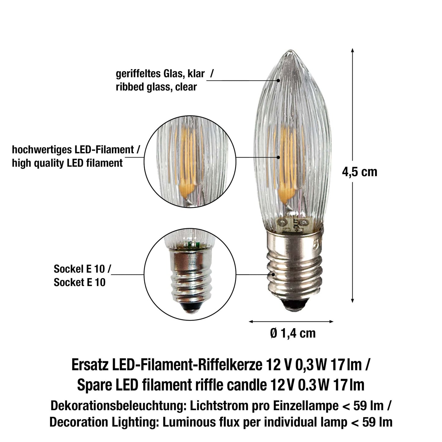 Ersatzkerzen Lichterkette LED-Filament 12V 0,5W für Lichterketten & Schwibbogen, 3 Stk Riffelkerzen E10 für 20 Brennstellen innen 912401