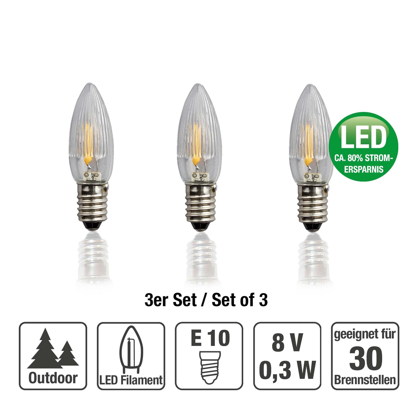 Ersatzkerzen Lichterkette LED-Filament 8V 0,3W für Lichterketten & Schwibbogen, 3 Stk Riffelkerzen E10 für 30 Brennstellen innen & außen 912425