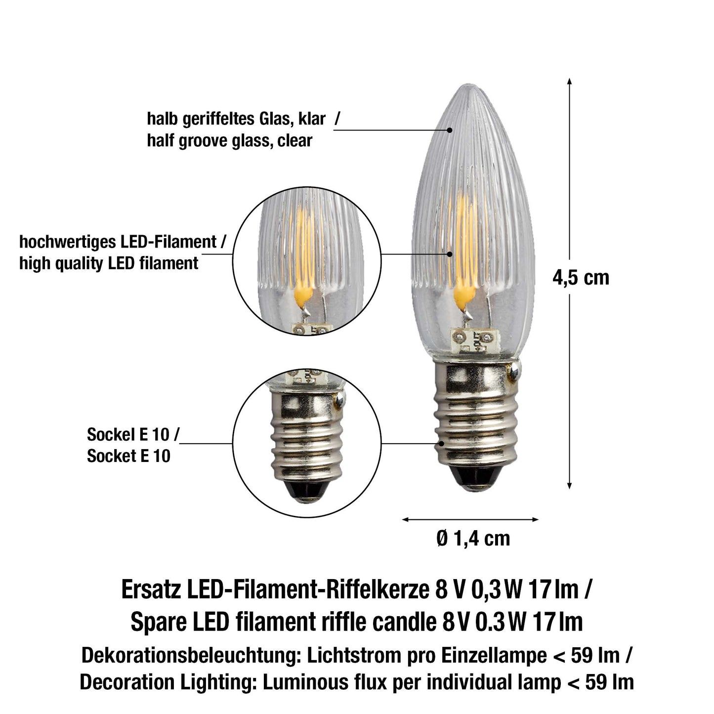 Ersatzkerzen Lichterkette LED-Filament 8V 0,3W für Lichterketten & Schwibbogen, 3 Stk Riffelkerzen E10 für 30 Brennstellen innen & außen 912425