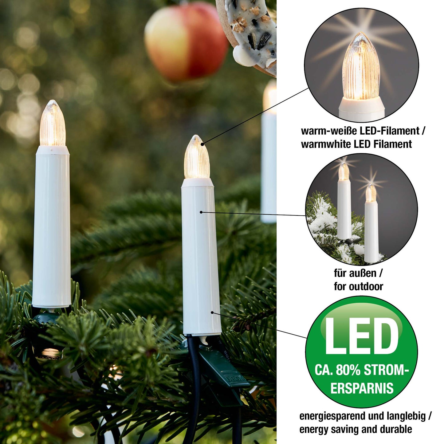 Ersatzkerzen Lichterkette LED-Filament 8V 0,3W für Lichterketten & Schwibbogen, 3 Stk Riffelkerzen E10 für 30 Brennstellen innen & außen 912425