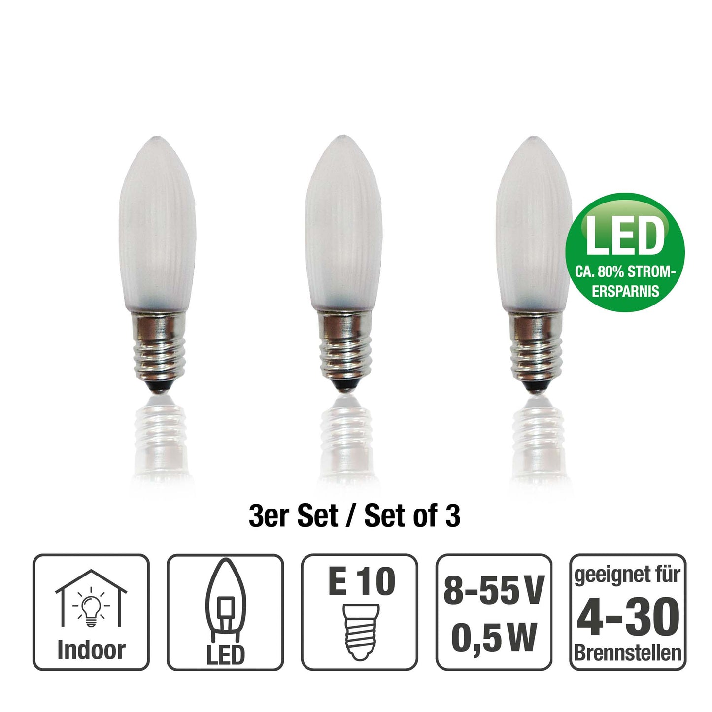 Ersatzkerzen Lichterkette LED 8-55V 0,1-0,3W für Lichterketten & Schwibbogen, 3 Stk Riffelkerzen E10 für 4-30 Brennstellen innen 913132