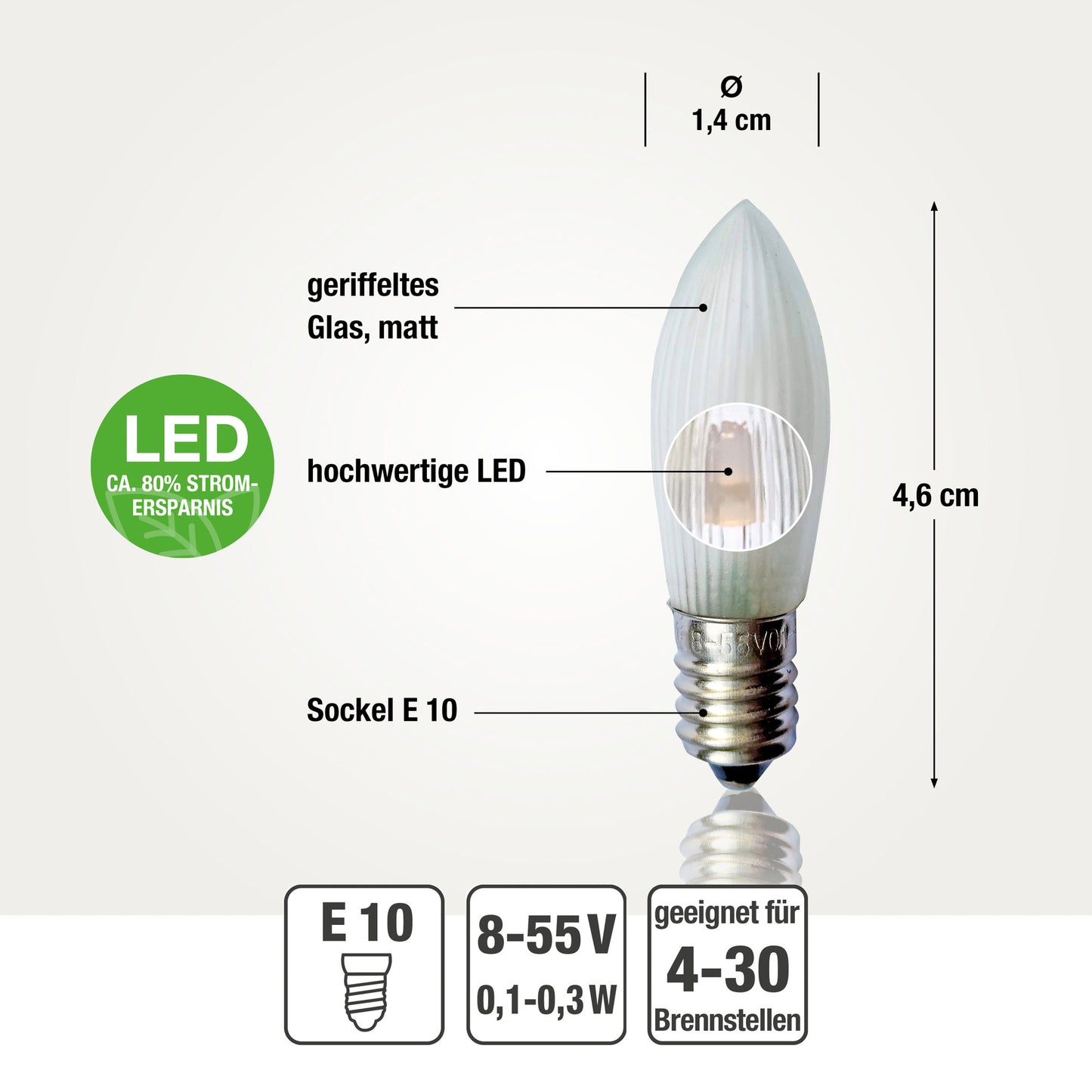 Ersatzkerzen Lichterkette LED 8-55V 0,1-0,3W für Lichterketten & Schwibbogen, 3 Stk Riffelkerzen E10 für 4-30 Brennstellen innen 913132
